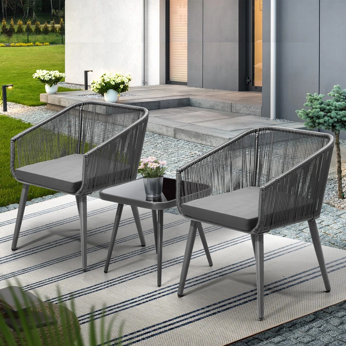 3 Livsip Outdoor Furniture 3 Piece Lounge Setting Chairs Side Table Bistro Set Patio - Grey, 3 of 8
