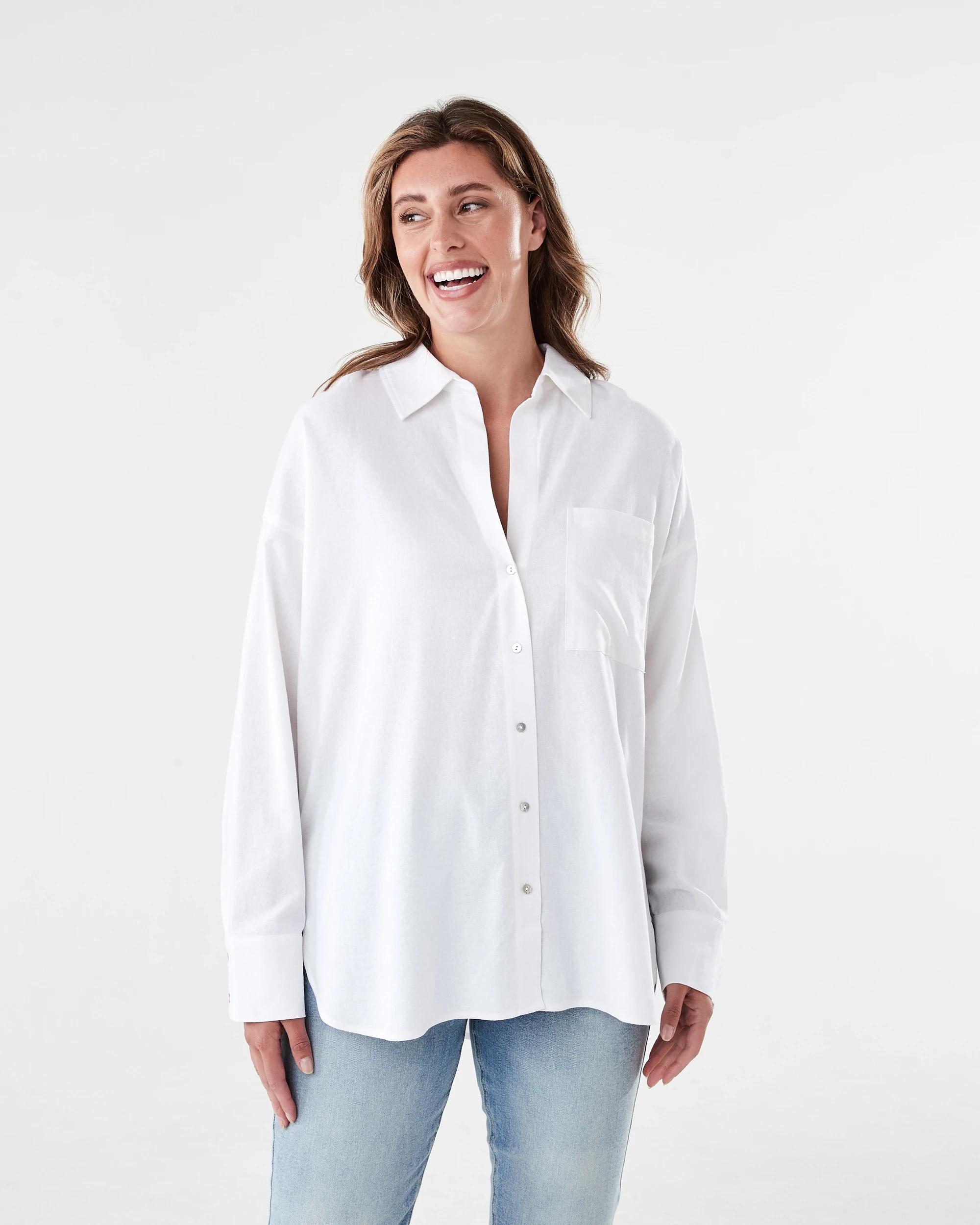 1 Long Sleeve Oversized Linen Blend Shirt White, 1 of 8