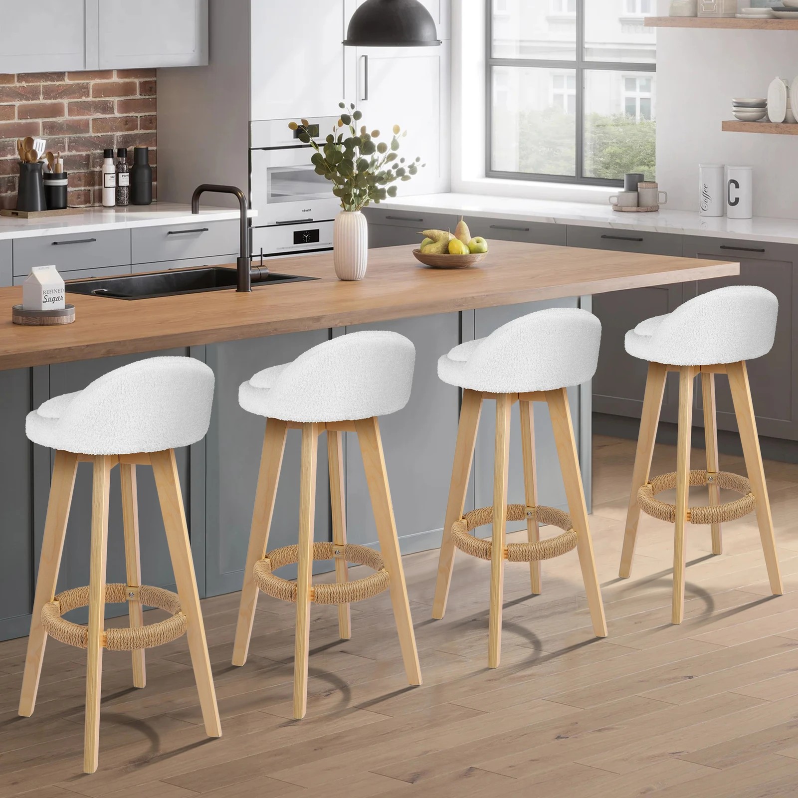 8 Alfordson 2x Kitchen Bar Stools Liam Wooden Swivel Chairs Boucle - White, 8 of 10