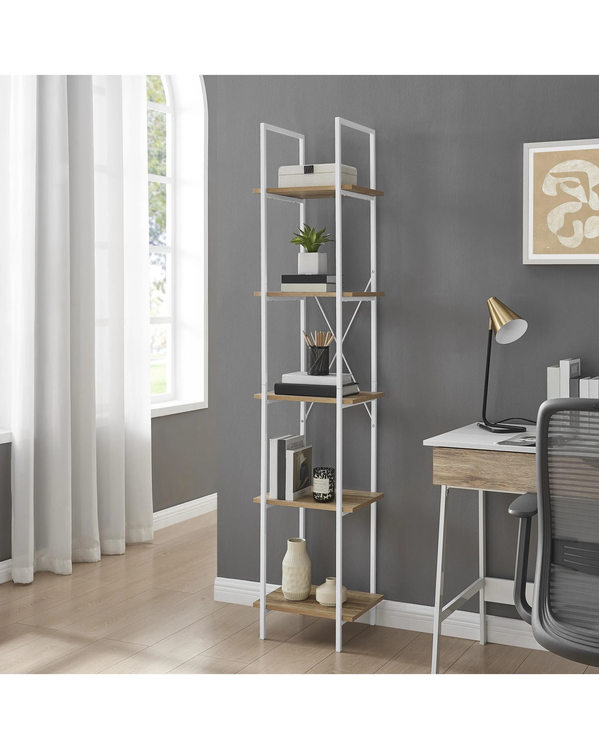 3 Kodu Bookshelf Display Shelf 40cmW 5 Tier Industrial White and Oak, 3 of 8