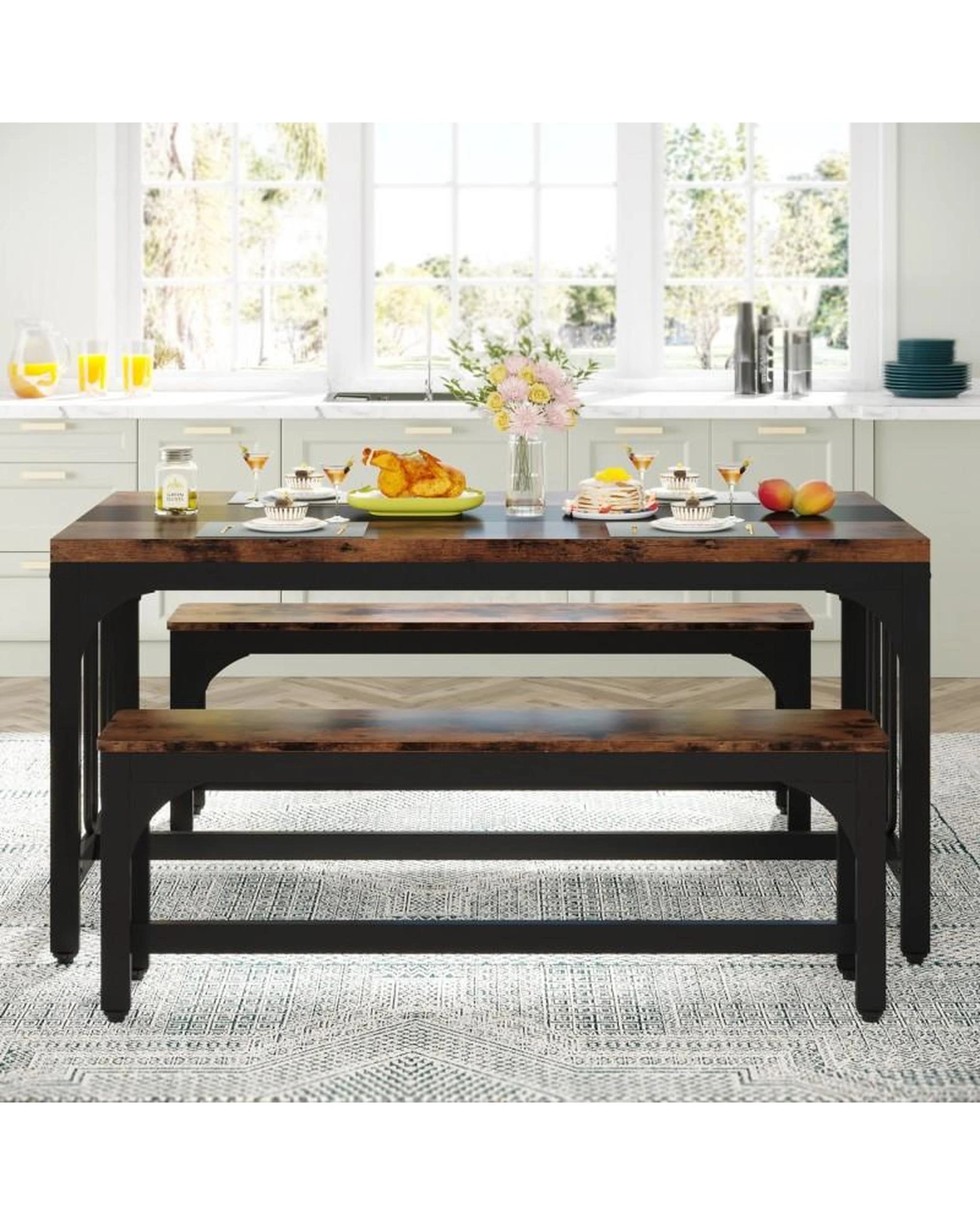 4 OAKORY 3-Piece Dining Table Set for 4, Farmhouse Kitchen Table with 2 Benches for Small Space Brown, 4 of 7