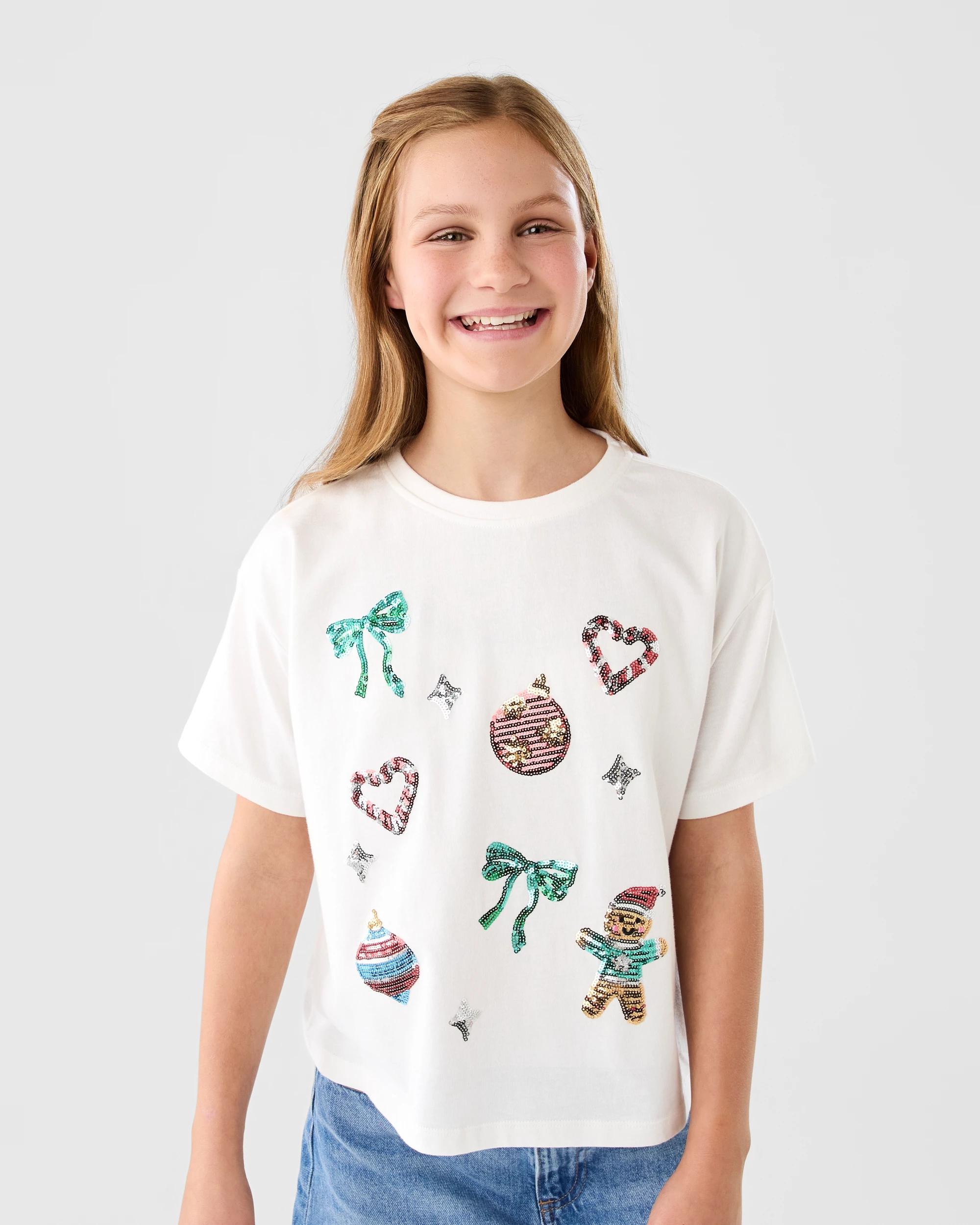 1 Christmas Boxy Sequin T-shirt Wht Ornam, 1 of 6