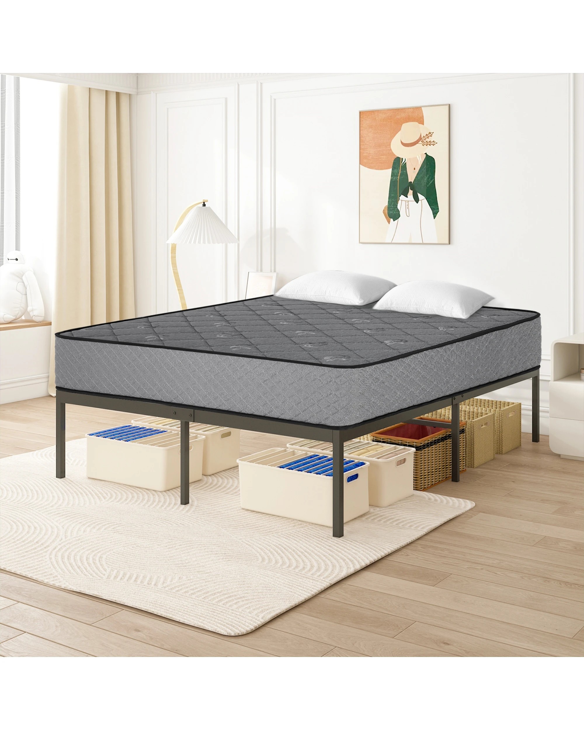 2 Advwin Single Size Metal Bed Frame and Single Mattress 25cm - Grey, 2 of 2