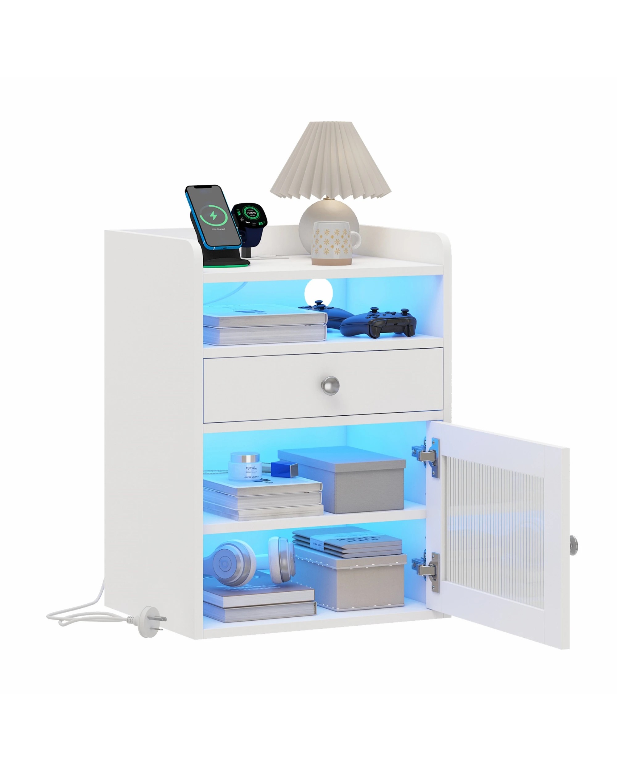 5 Advwin 2xBedside Table Acrylic Door With with Charging Station & LED Light - White, 5 of 8