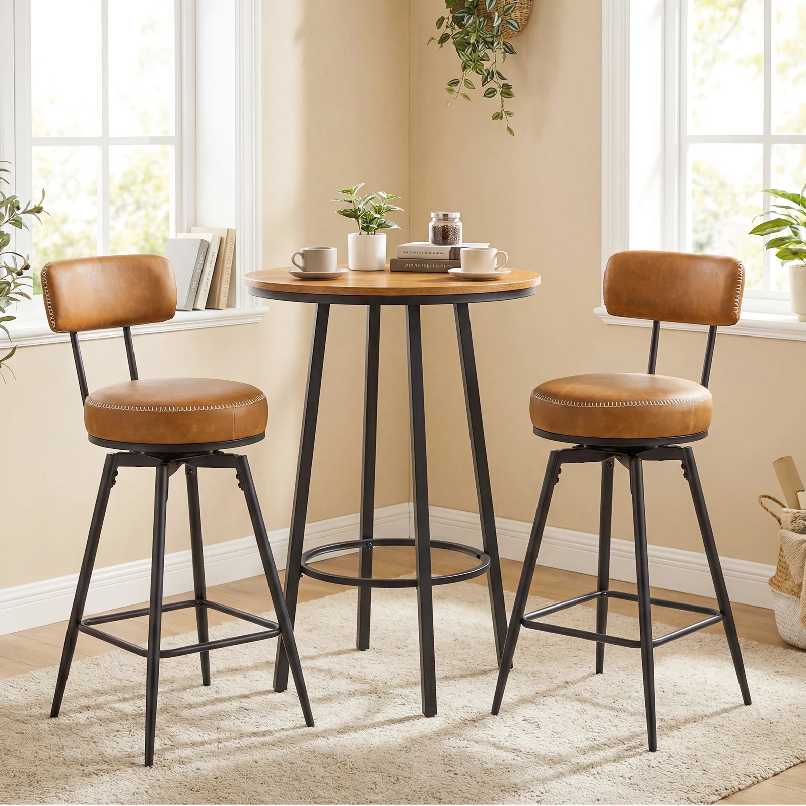 2 Costway 2x Swivel Bar Stools Modern Counter Height Chairs Kitchen Faux Leather Upholstered Barstools, 2 of 4