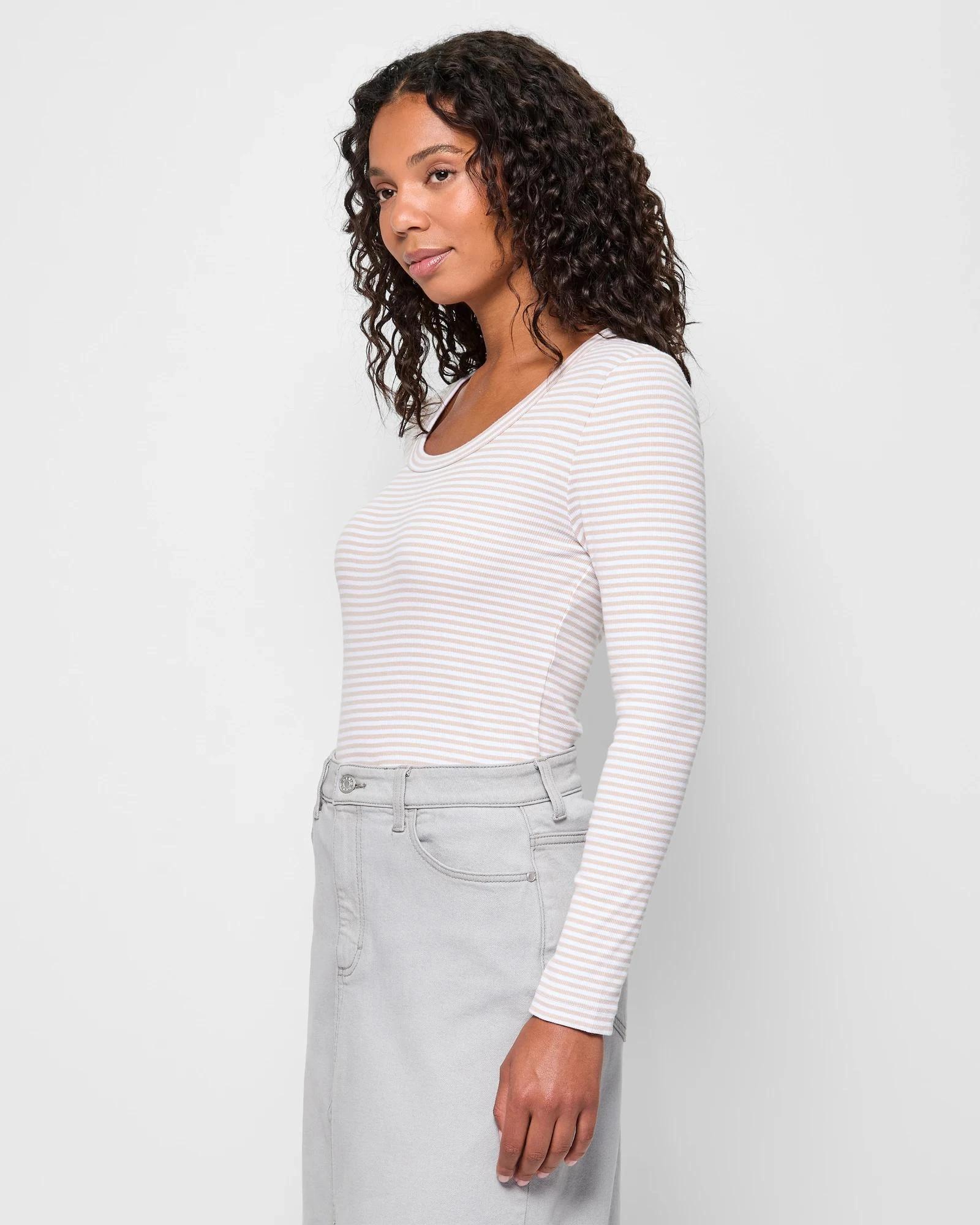 3 Target Australian Cotton Long Sleeve Scoop Neck Ribbed T-Shirt BRILLIANT WHITE/PEBBLE STRIPE, 3 of 5