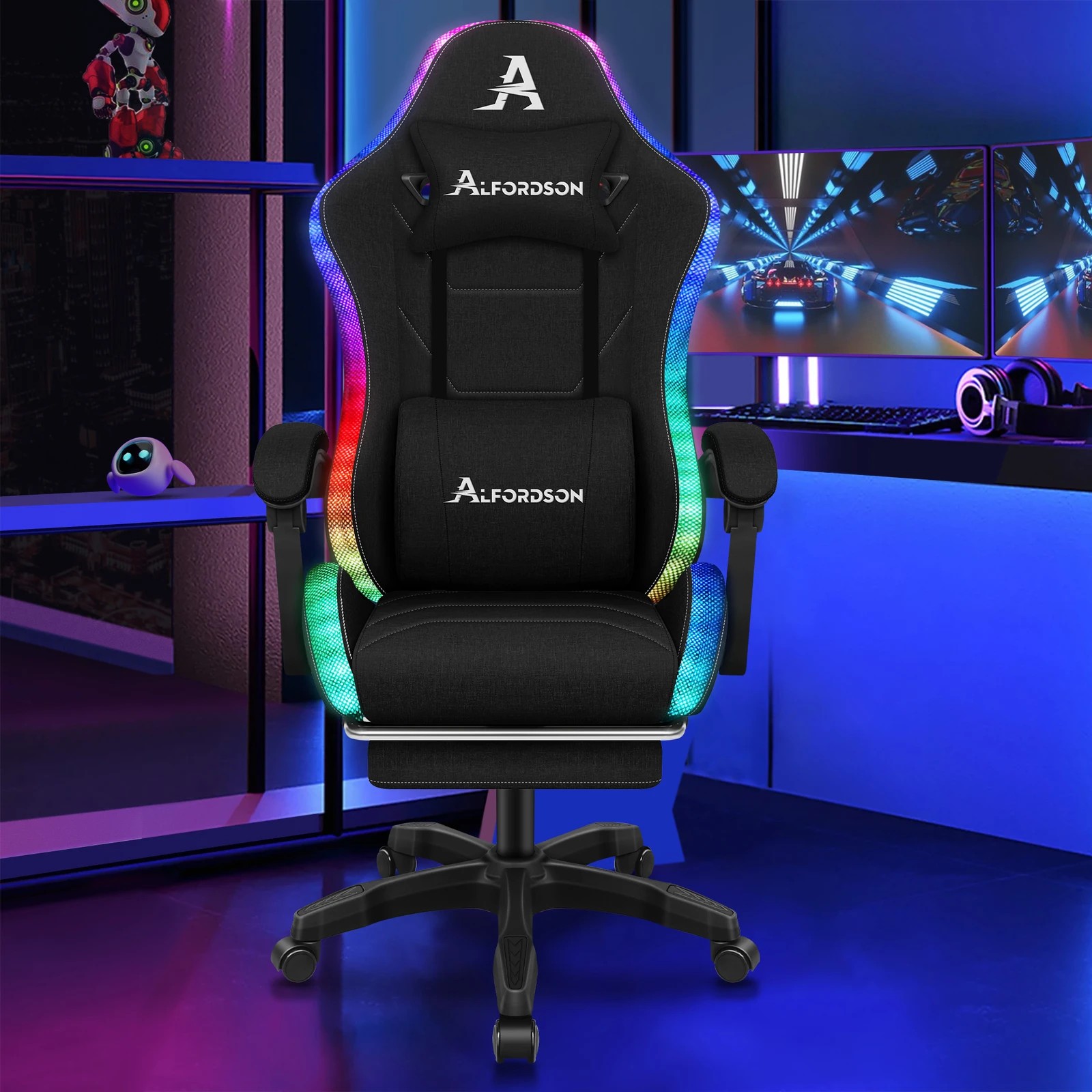 2 Alfordson Gaming Chair Office Massage 12 RGB LED Computer Fabric - All Black, 2 of 10