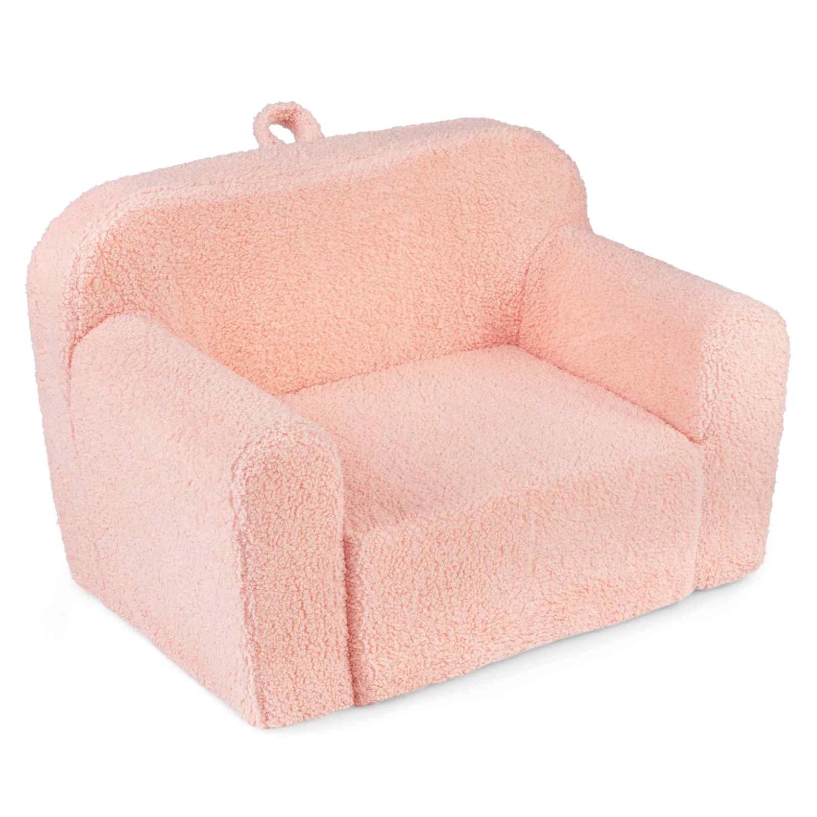 1 Costway Foam Couch Teddy Fleece Fabric Sofa Cute Reading Chair w/Handle - Pink, 1 of 2