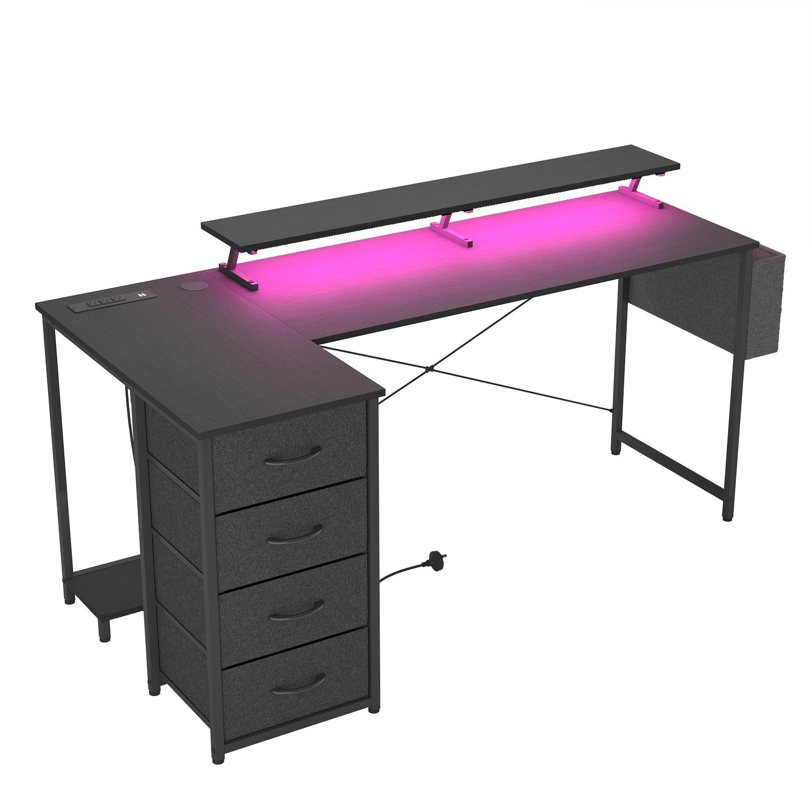 6 Advwin 160cm L Shaped Gaming Desk With Led Lights & Power Outlets Convertible Computer Desk With Monitor Stand - Black, 6 of 6