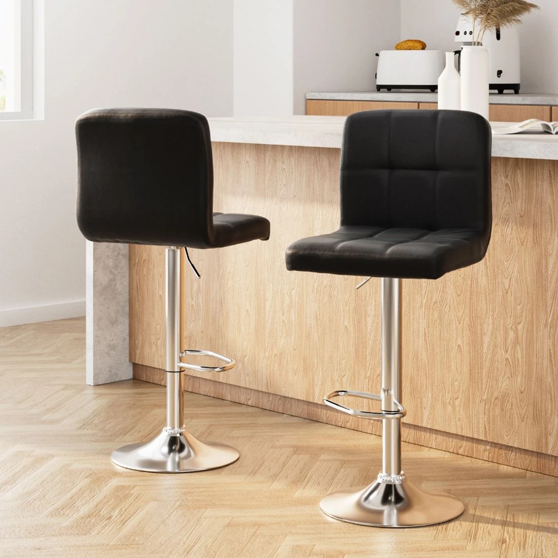 3 Artiss 2x Bar Stools Leather Gas Lift - Black, 3 of 9