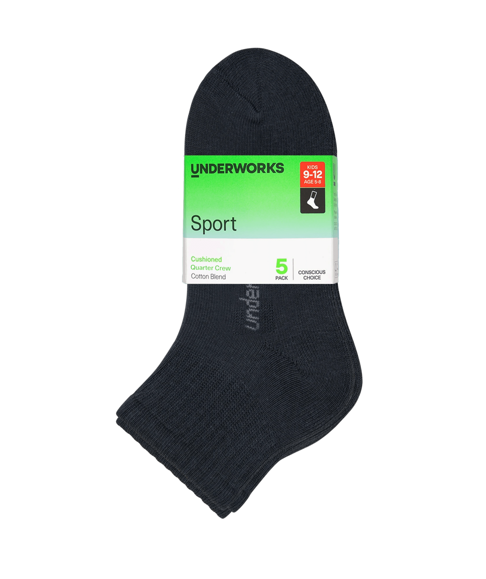 2 Kids Cushioned Sport Quarter Crew Socks 5 Pack - Underworks GREY, 2 of 2