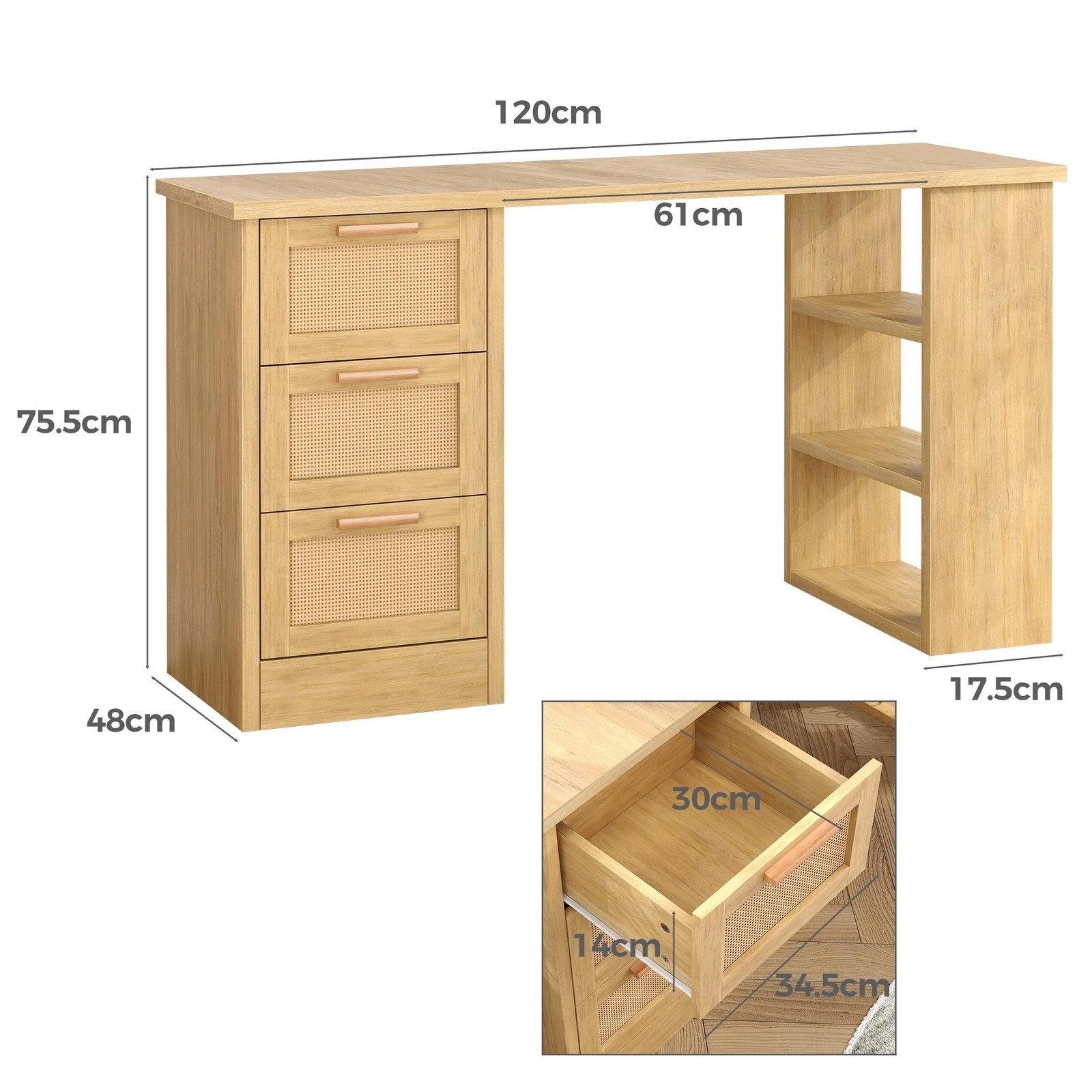 10 Alfordson Computer Desk Drawers Office Laptop PC Study Table Shelf - Oak, 10 of 10