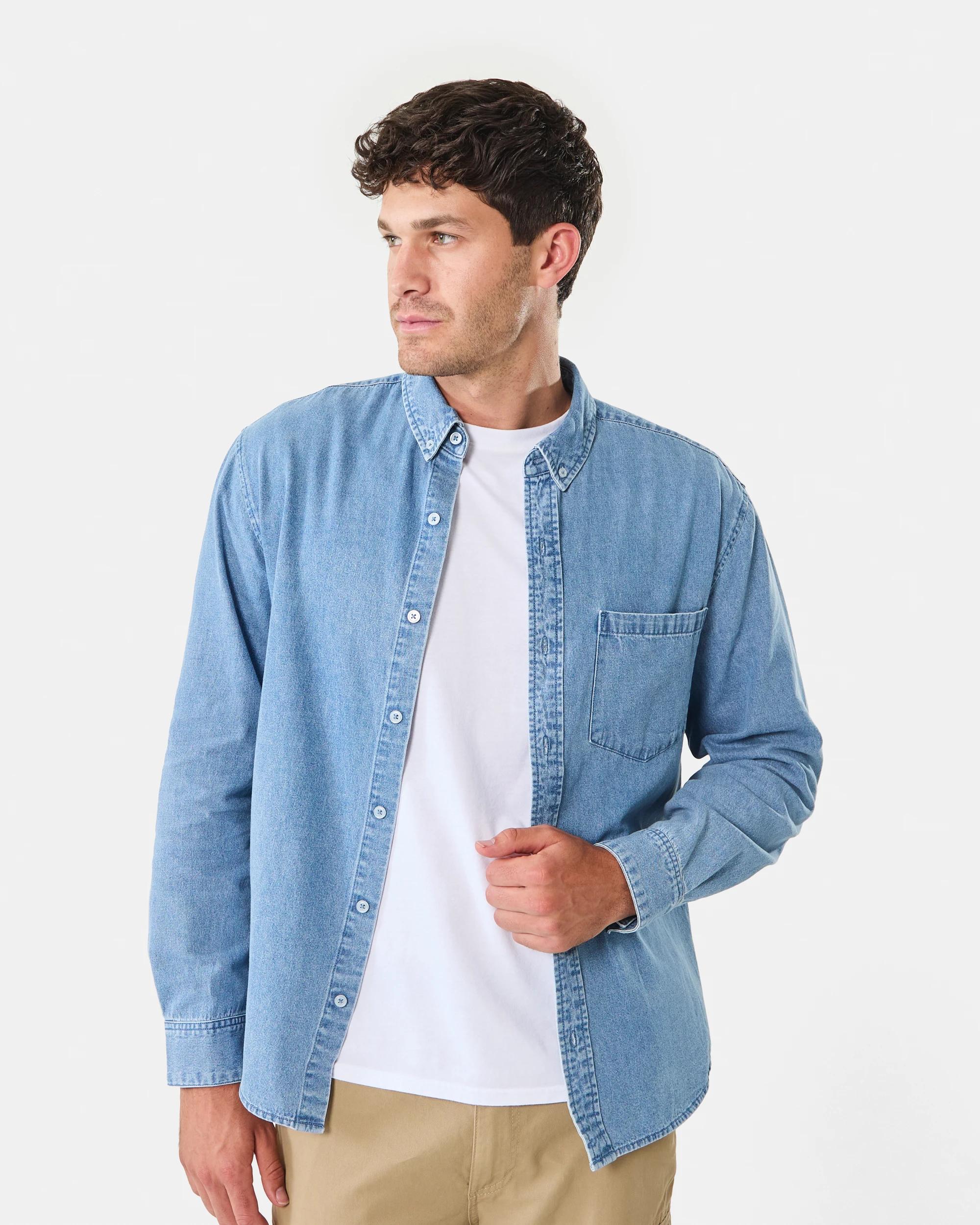1 Long Sleeve Denim Shirt Mid Wash, 1 of 8