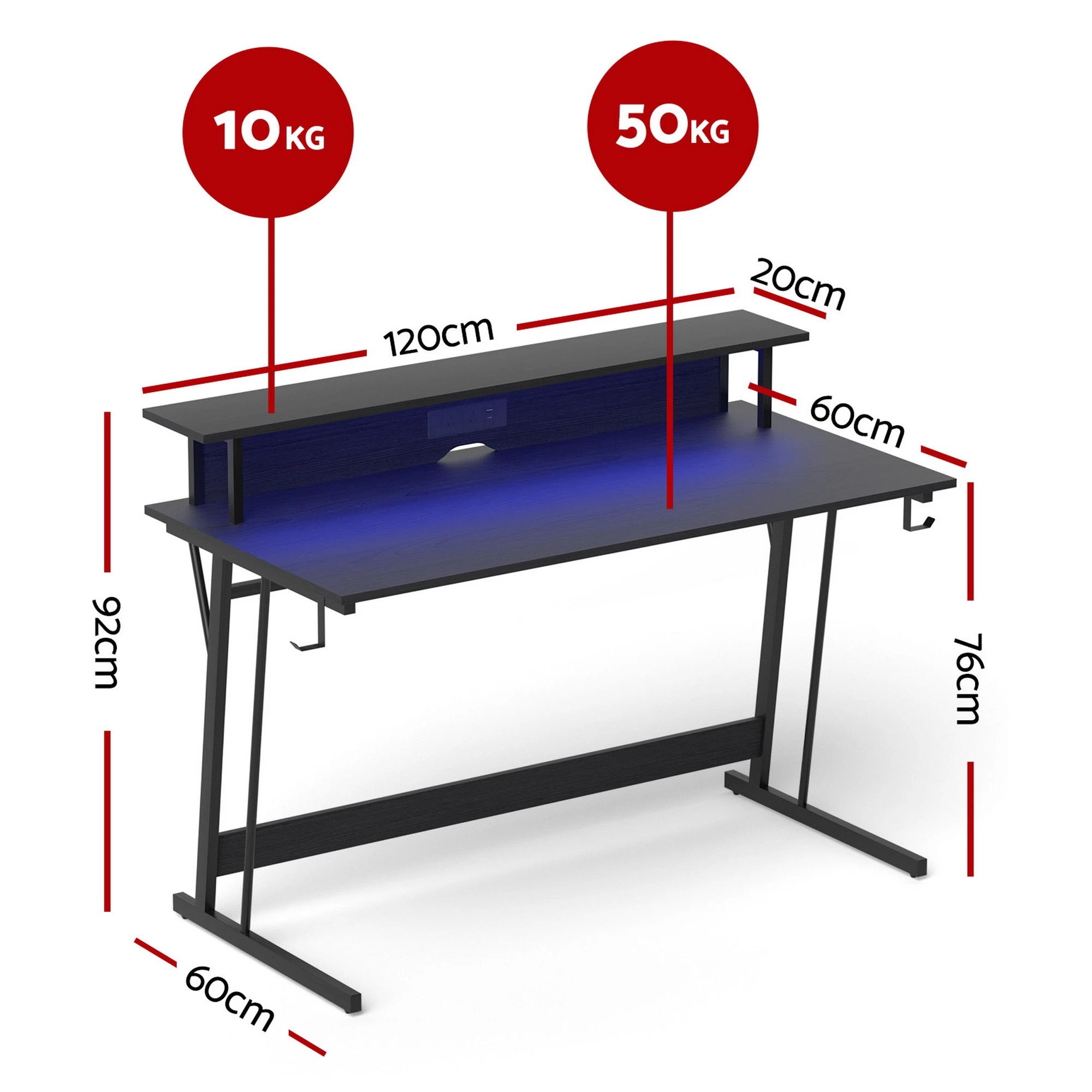 2 Artiss Gaming Desk with LED Lights Computer Desk Table with Monitor Shelf Power 120cm - Black, 2 of 4