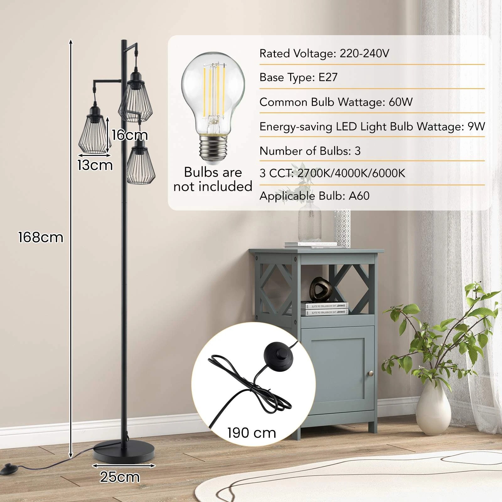 7 Costway 1.7M Tall Floor Lamp w/3 Birdcage Lampshades - Black, 7 of 7