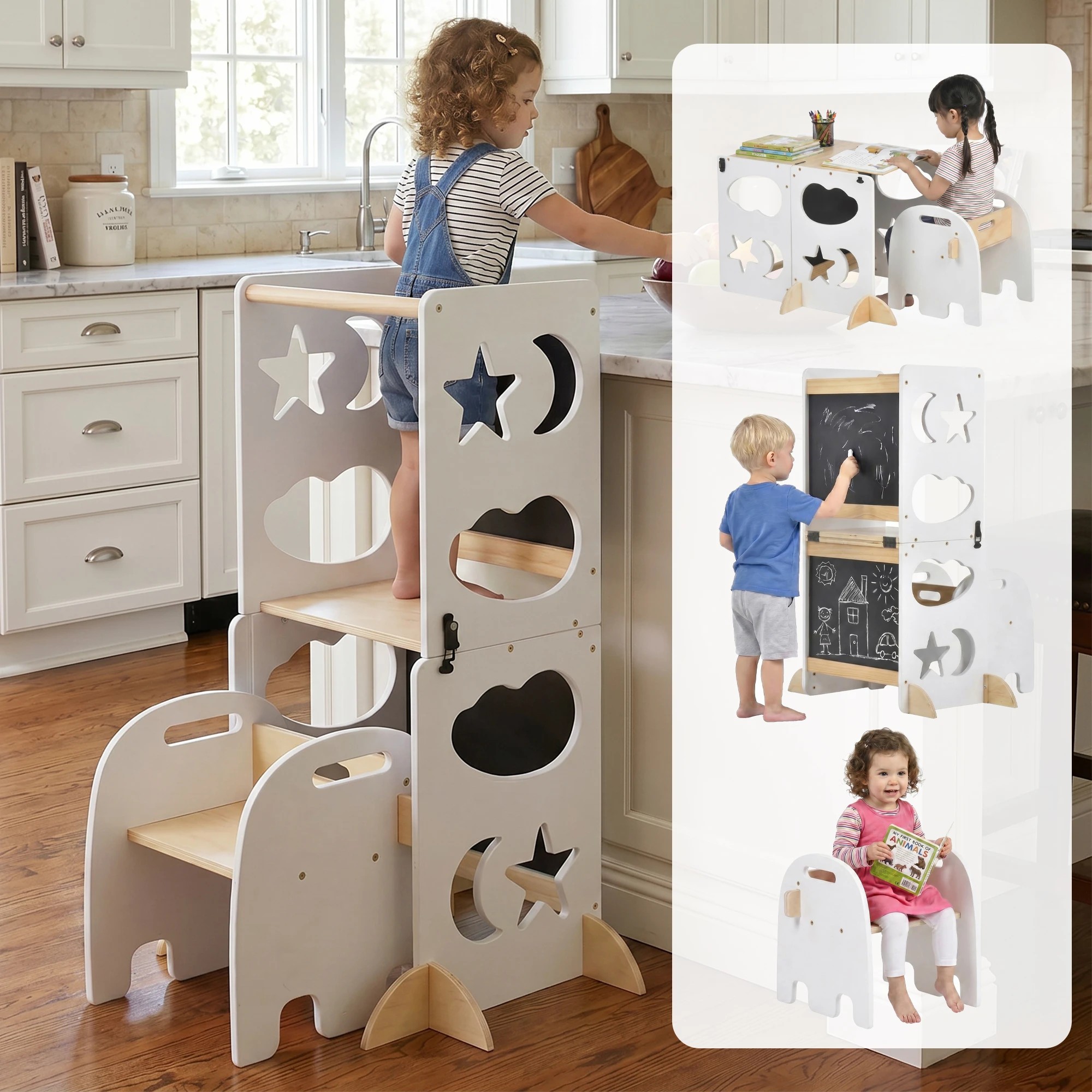 3 Advwin Toddler Kitchen Step Stool Helper w/ Double Blackboard & Safety Rail Foldable Standing Learning Tower - White, 3 of 7