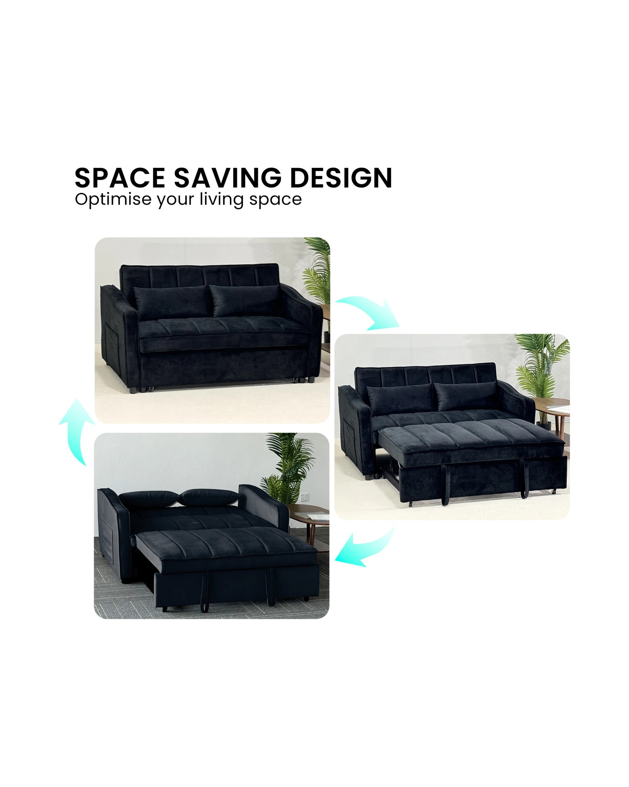4 Sarantino Fenton Velvet 2-Seater Sofa Bed - Black, 4 of 9