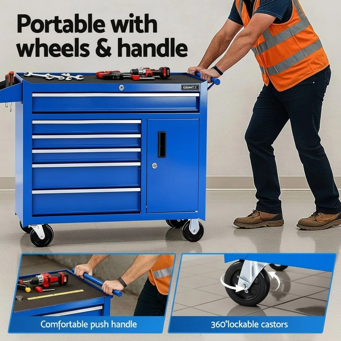 3 Giantz 6 Drawer Tool Chest Trolley Cabinet Cart Toolbox Storage Organiser - Blue, 3 of 6