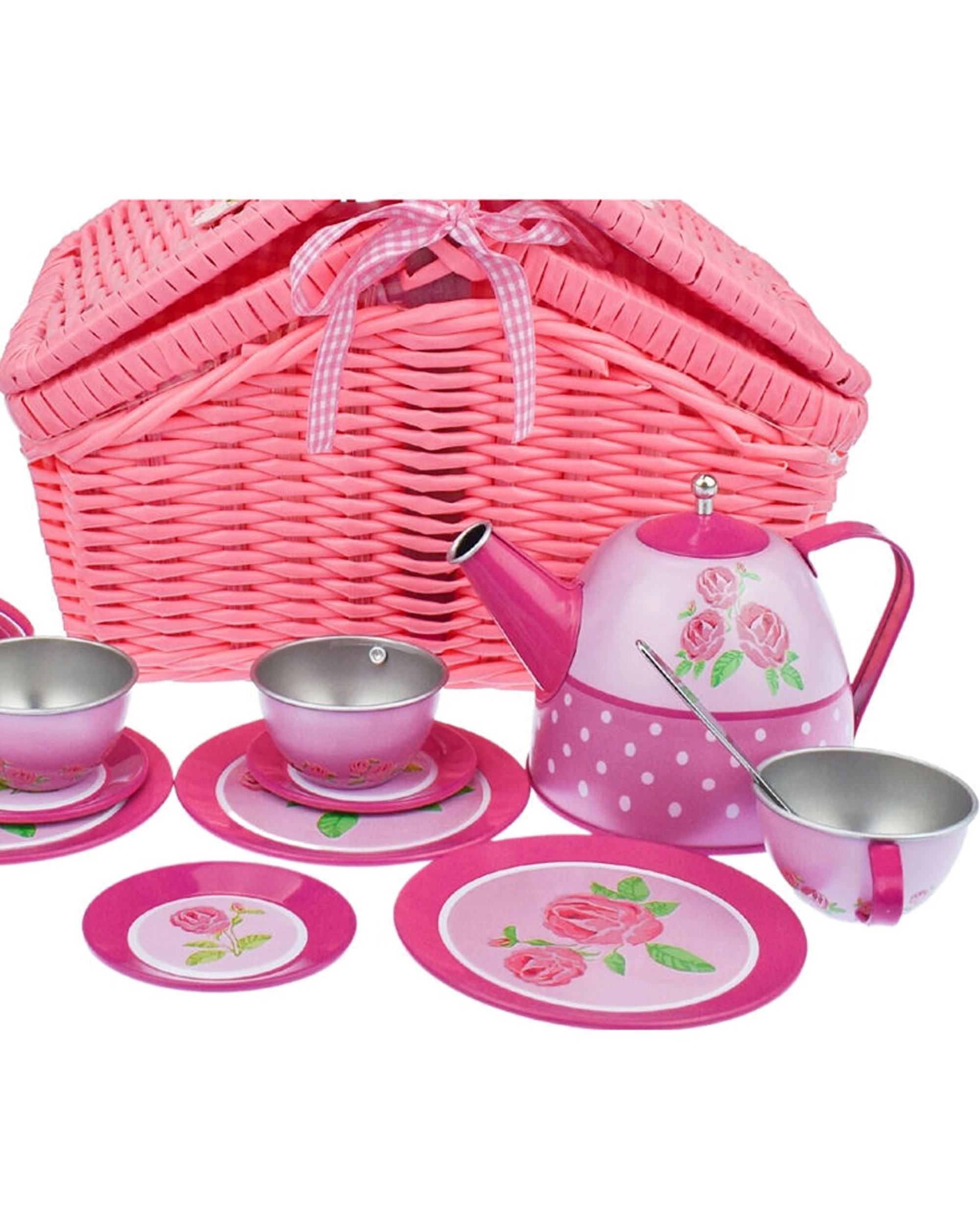 7 Kaper Kidz 18pc Rose Tin Tea Set With Picnic Basket Kids Pretend Play Toy - Pink, 7 of 7