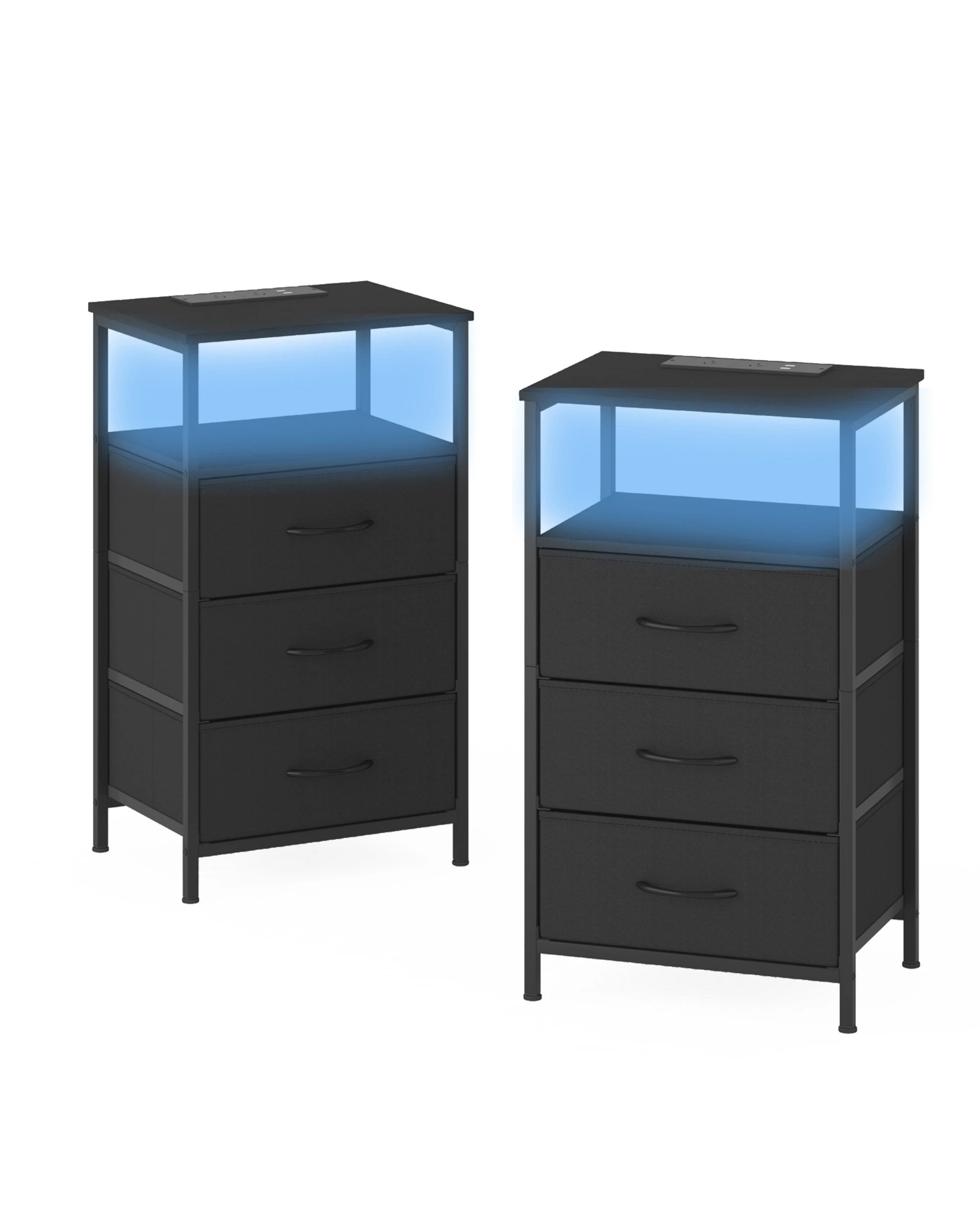 1 Advwin Led Bedside Table Set Of 2 With Charging Station 3 Fabric Drawers Nightstand
 - Black, 1 of 6