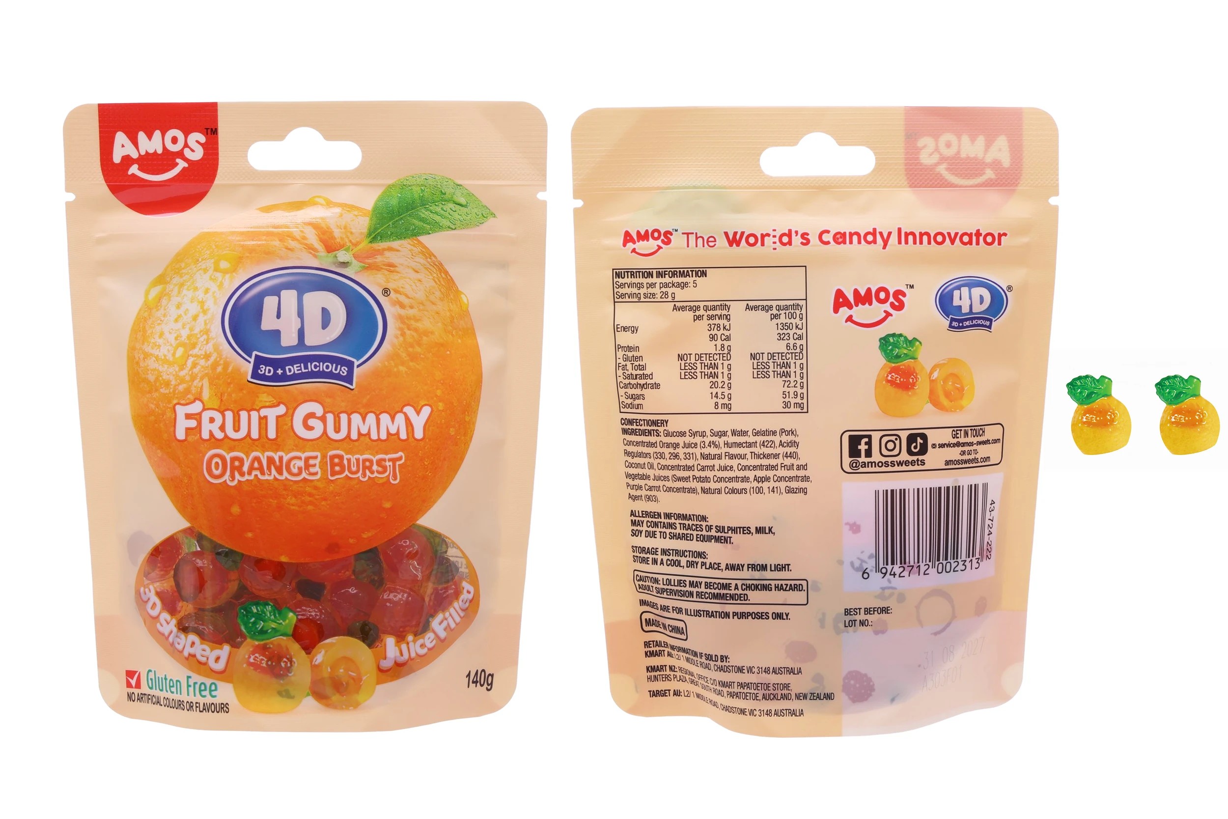 1 Amos 4D 3D Delicious Fruit Gummy Orange Burst Candy 140g, 1 of 2