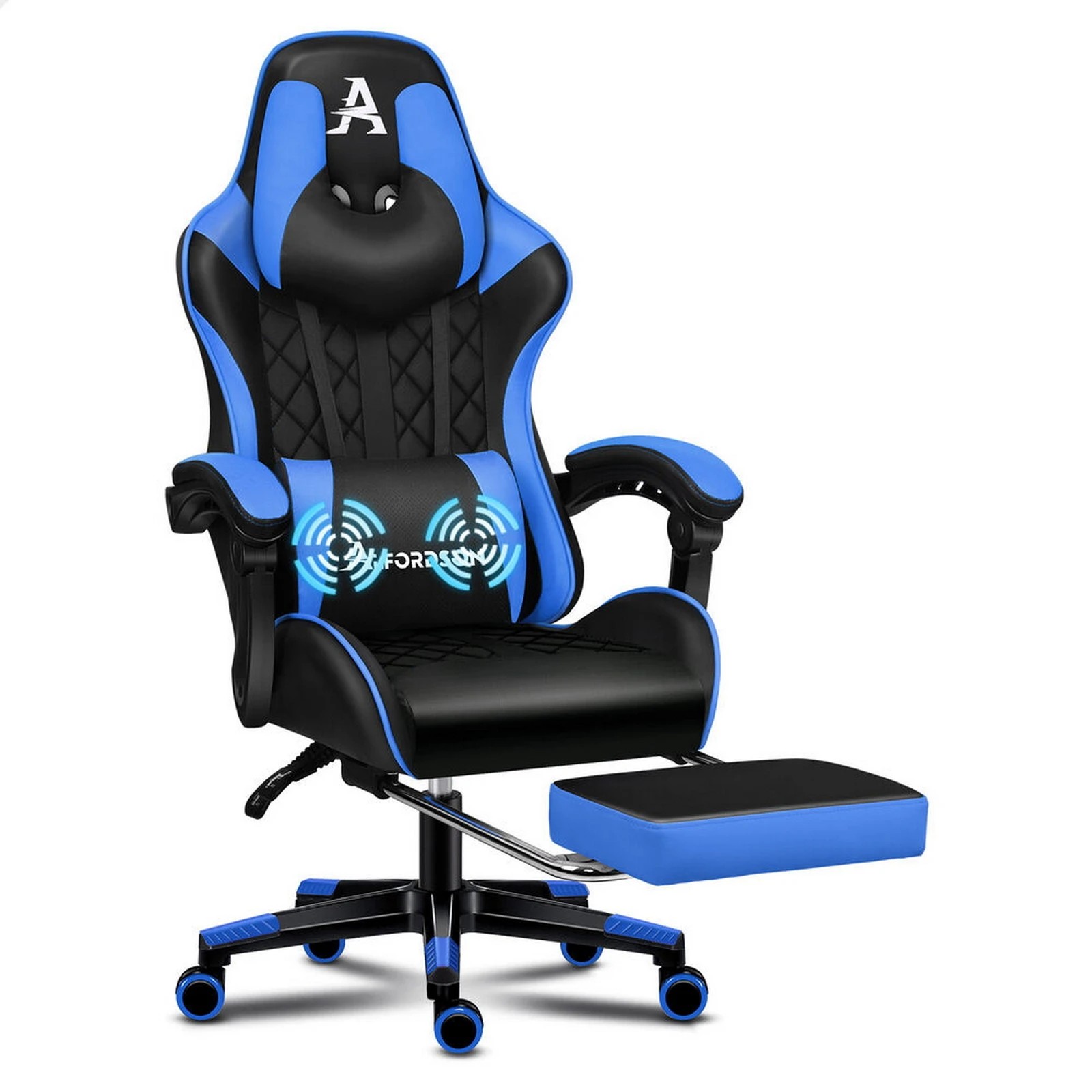 1 Alfordson Gaming Chair Office Racer Large Lumbar Cushion Footrest Seat Leather - Blue, 1 of 10