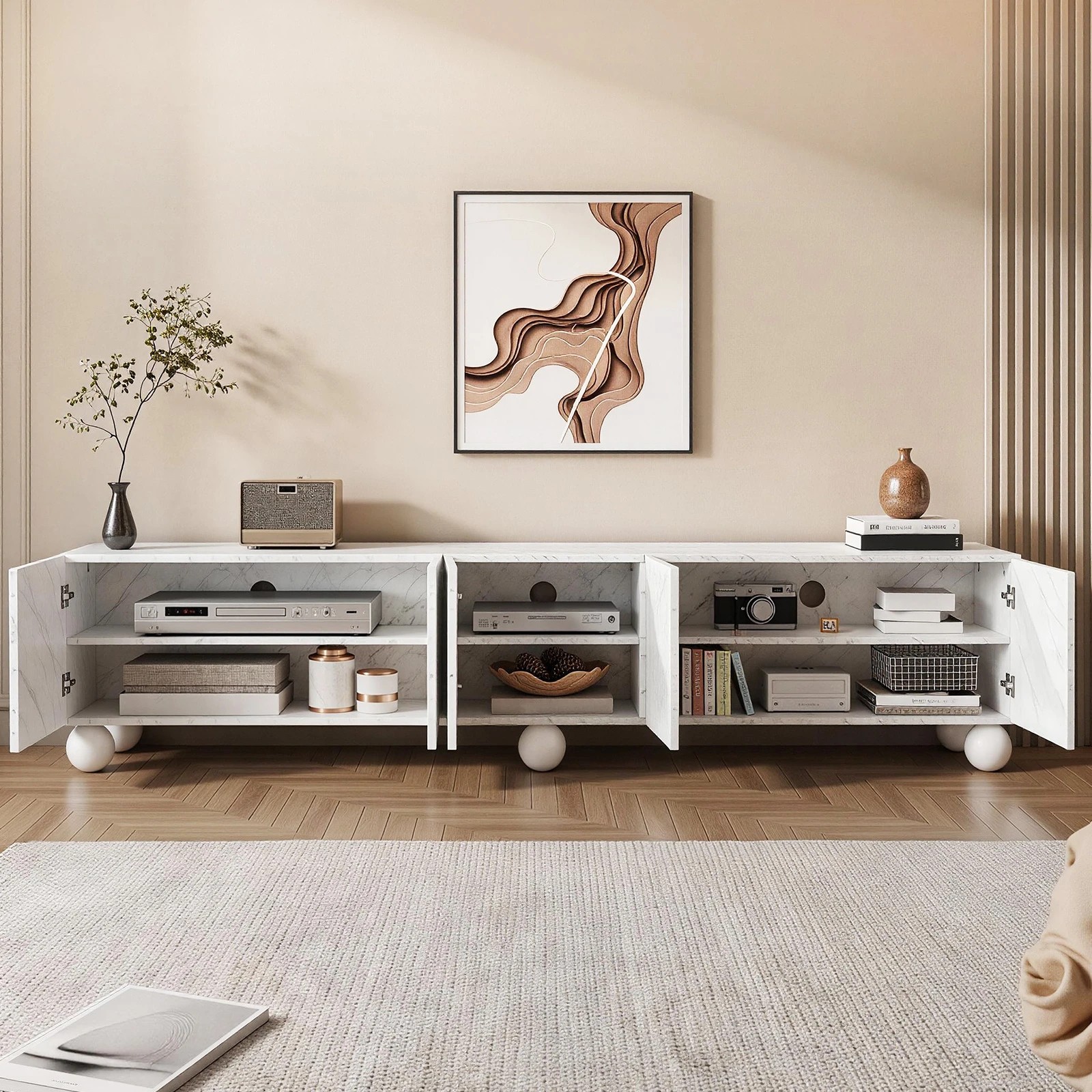 5 Artiss 200cm TV Unit Entertainment Unit Marble Effect Finish Storage Cabinet - White, 5 of 9