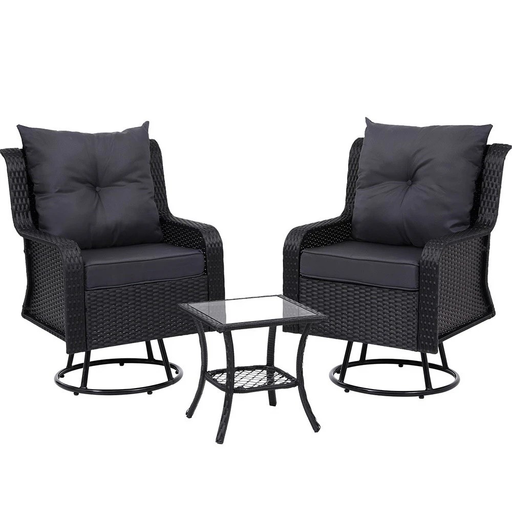 1 Gardeon 3PC Outdoor Furniture Bistro Set Lounge Wicker Swivel Chairs Table Cushion - Black, 1 of 5