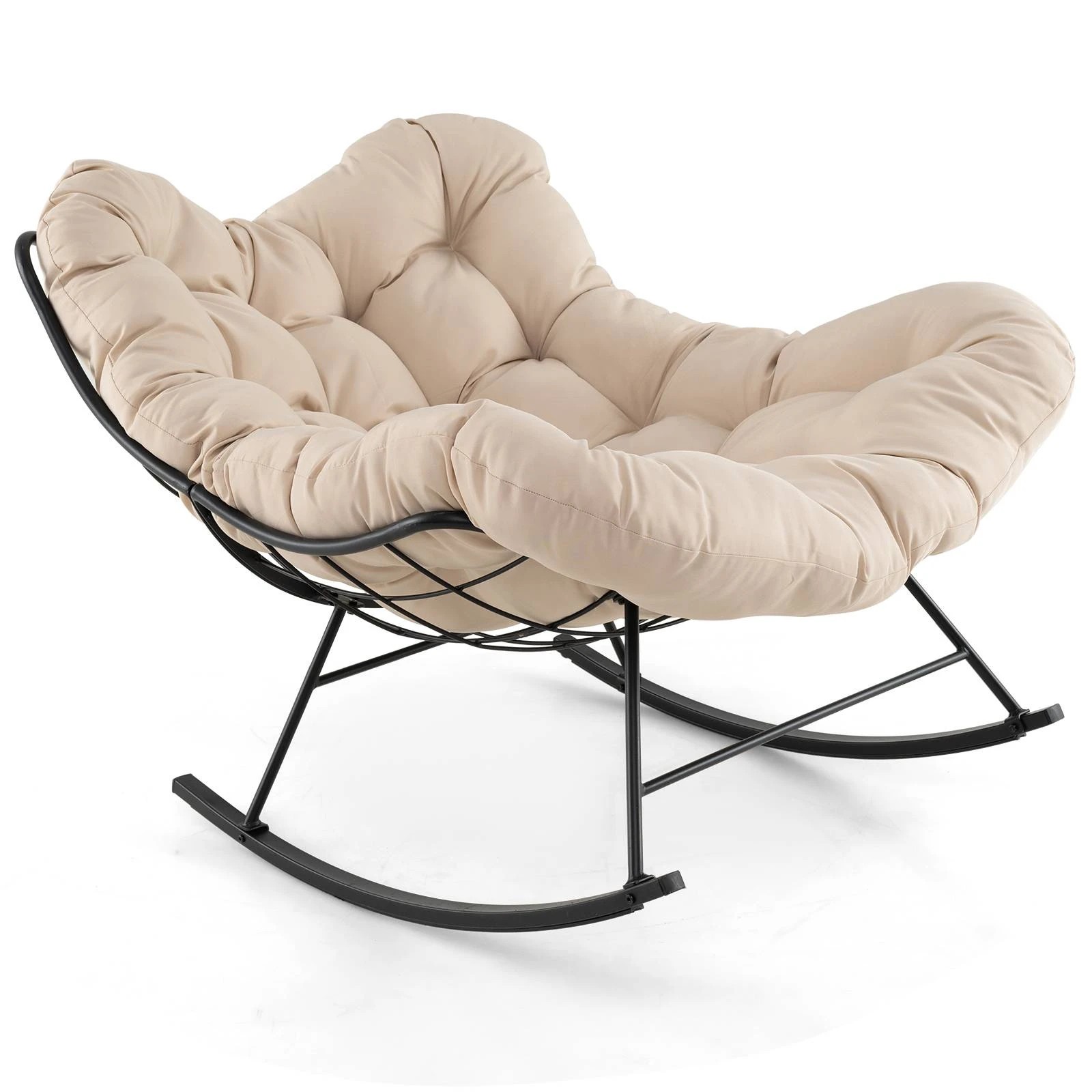 1 Costway Patio Rocking Chair Papasan Chair w/Padded Cushion Lounge Chair - Beige, 1 of 3