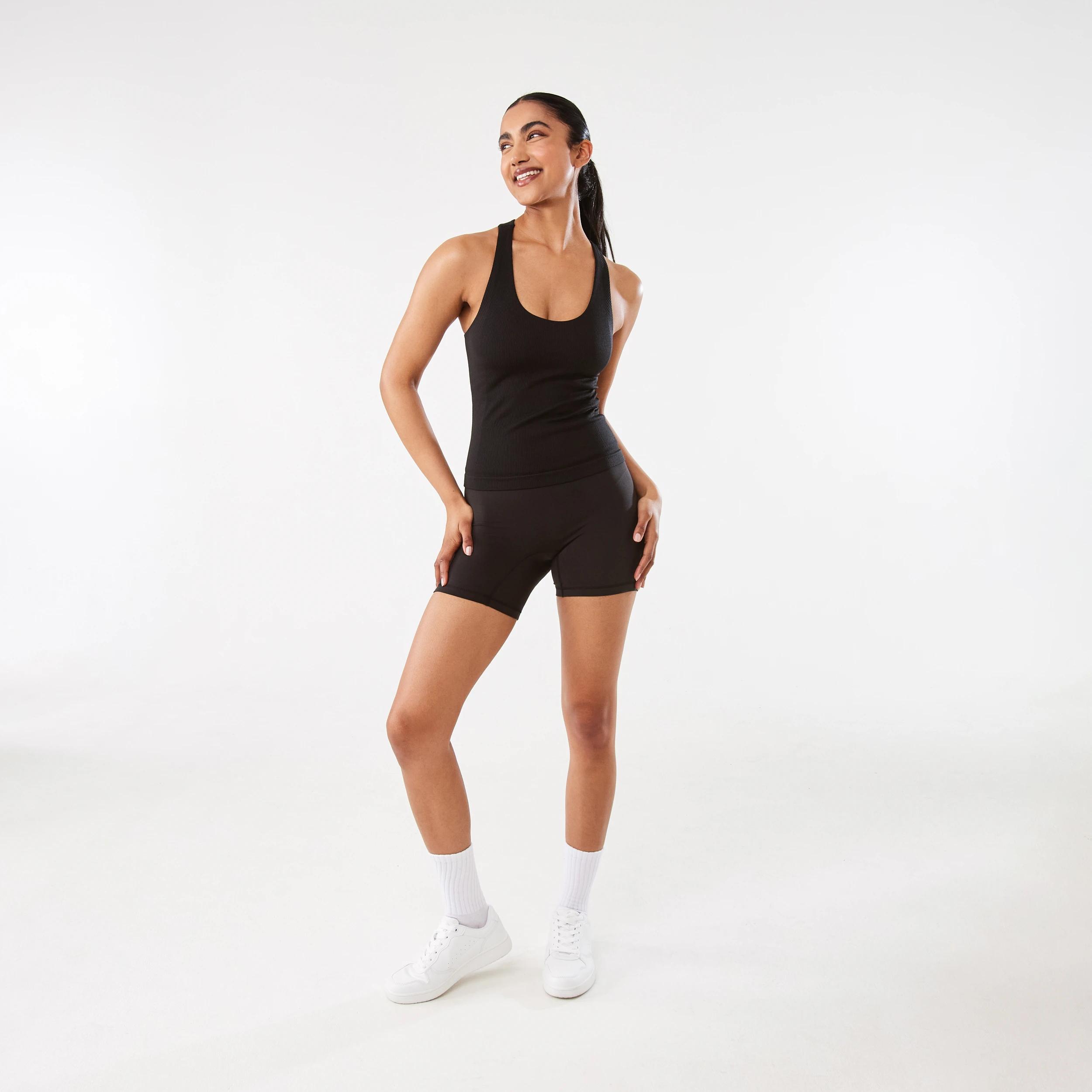 1 Active Womens Ribbed Waist Bike Shorts BLACK, 1 of 7