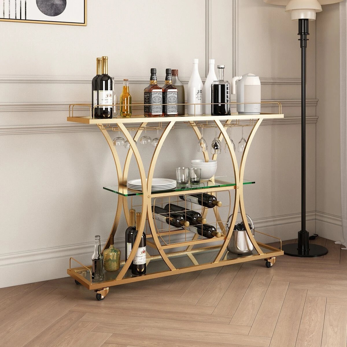 2 Ausway Bar Cart Wine Rack Drinks Trolley Glass Holder - Gold, 2 of 7