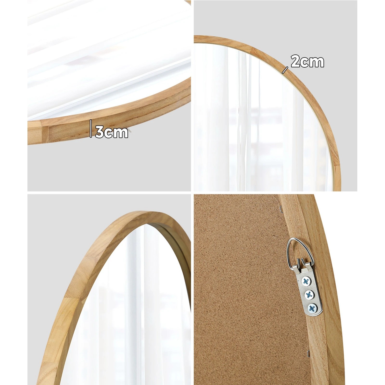 4 Oikiture 60cm Wall Mirrors Round Makeup Mirror Home Decor Wooden Dining Room
 - Natural, 4 of 9