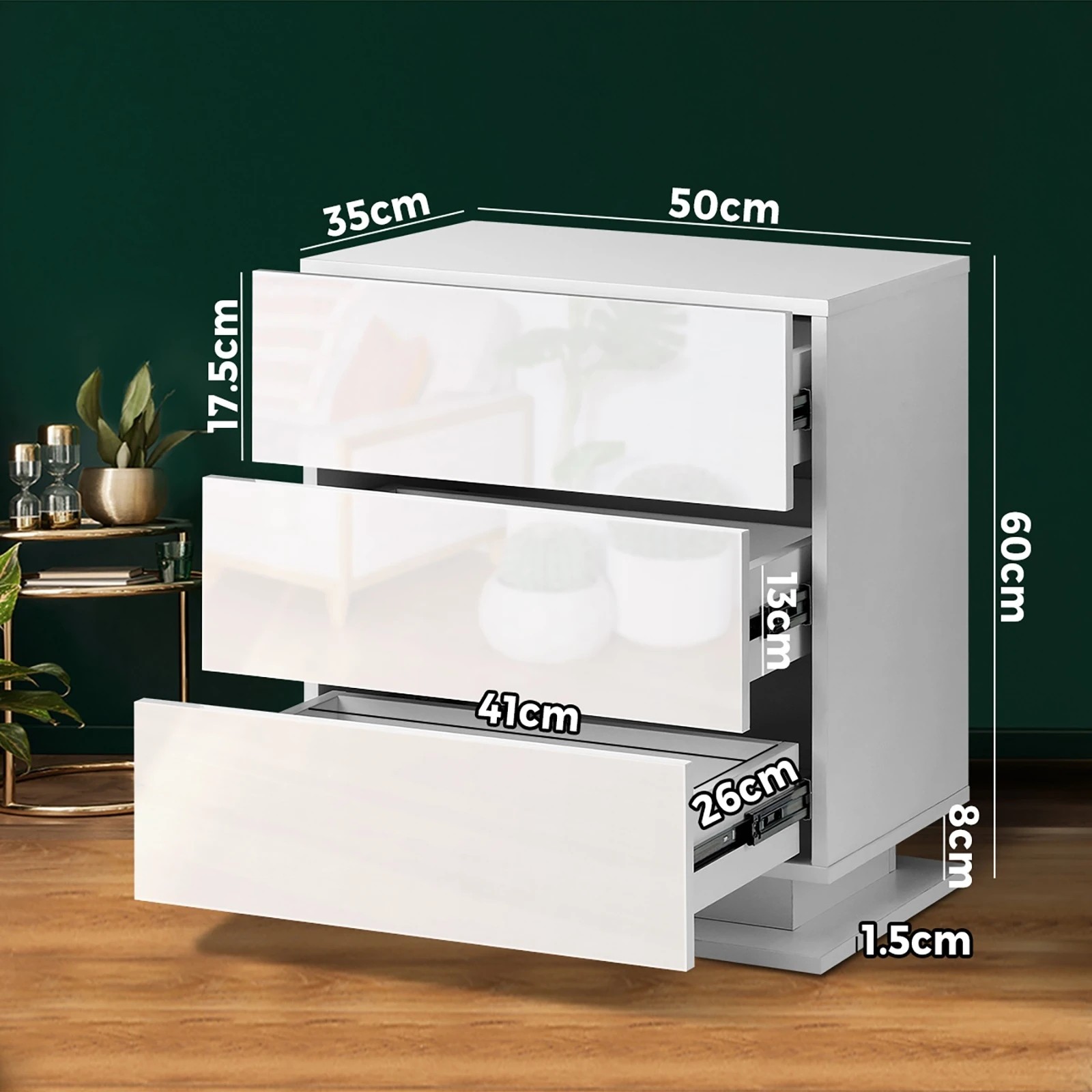 2 Oikiture Bedside Tables Set of 2 LED Side Table Nightstand Cabinet 3 Drawers - White, 2 of 5