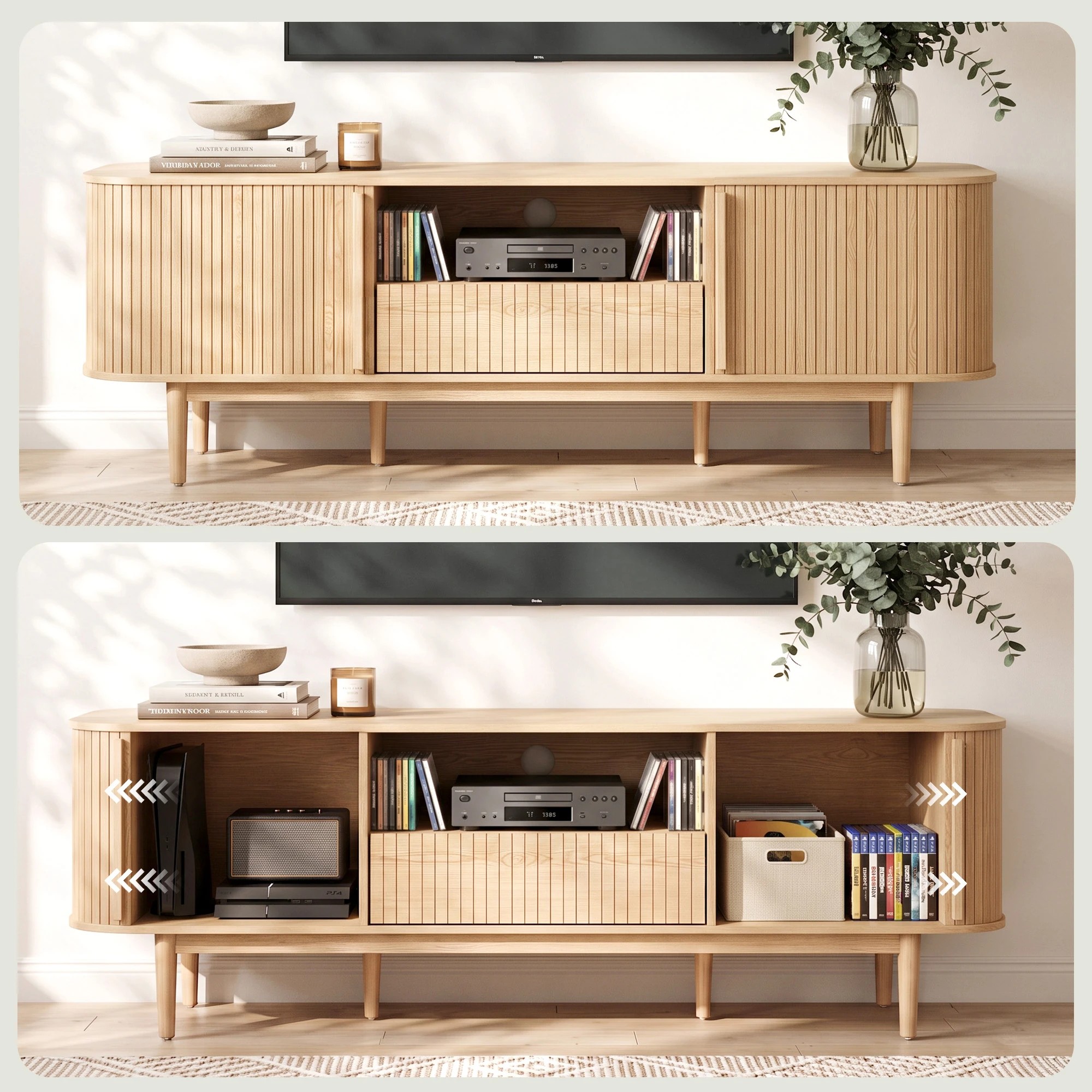 Artiss 160cm TV Unit Storage Drawer Curved Edge Sliding Fluted Style ...