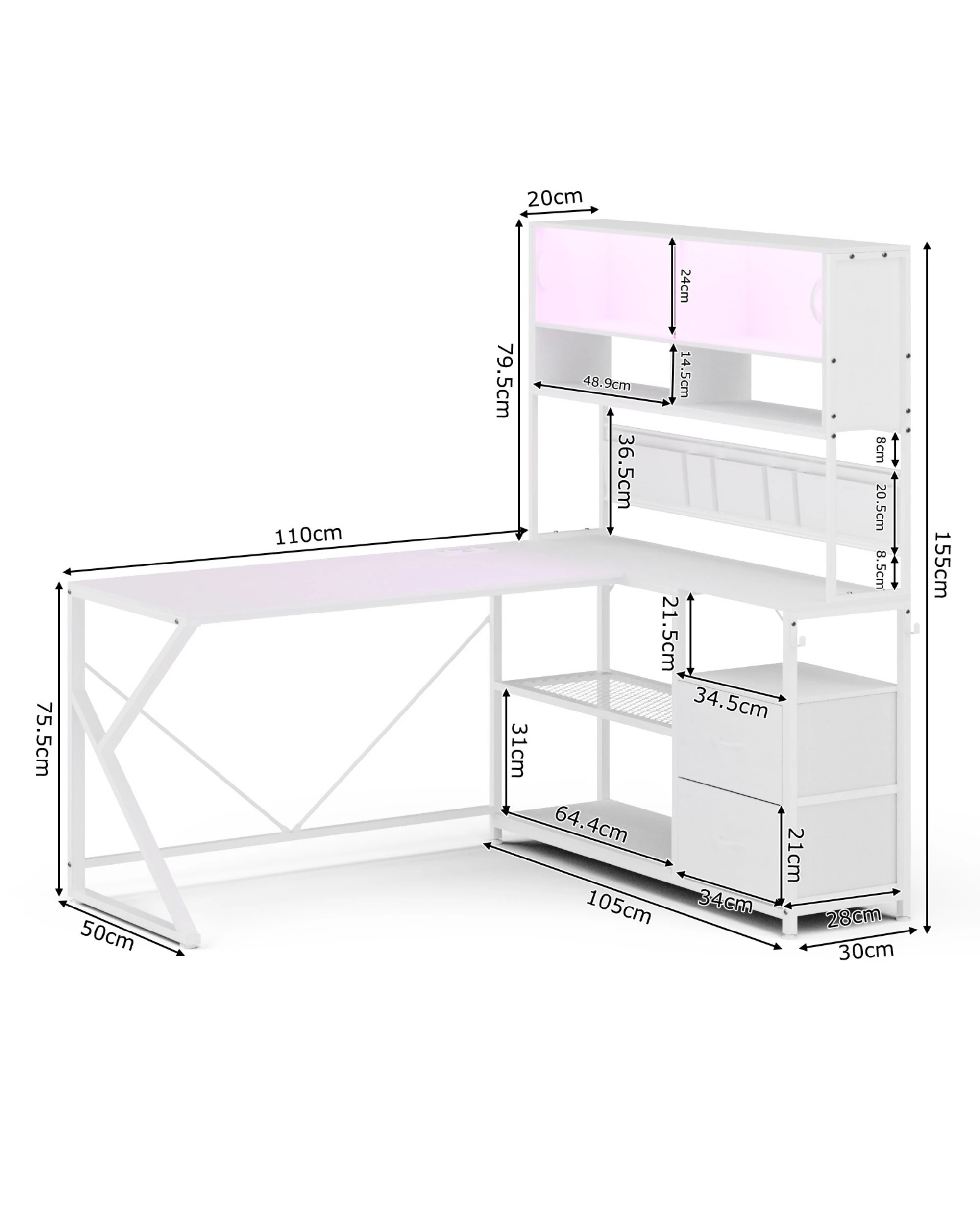 4 Advwin 130cm  L Shaped Gaming Desk with LED Lights & Power Outlets  - White, 4 of 10
