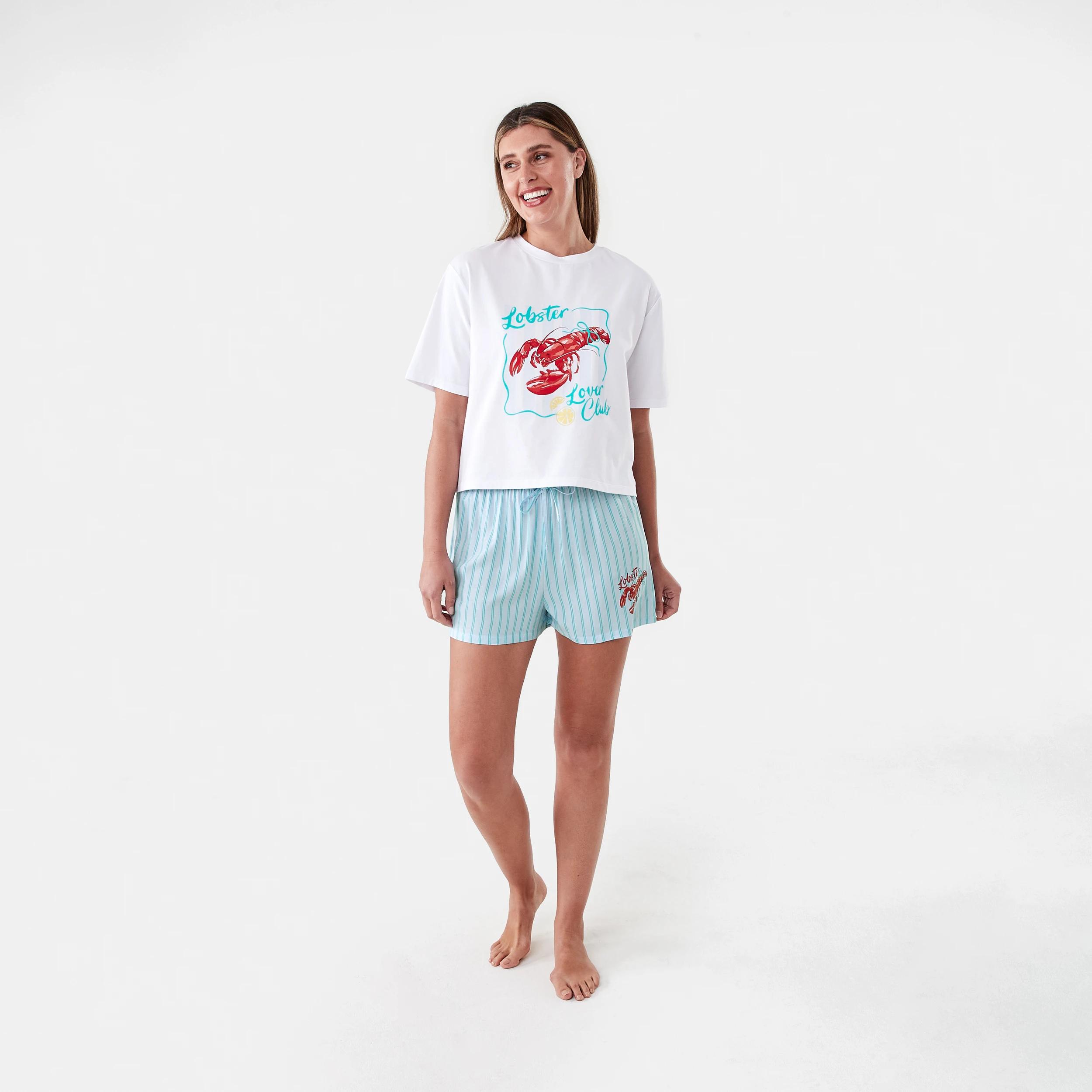 8 Print Knit T-shirt and Woven Shorts Pyjama Set Lobster, 8 of 8