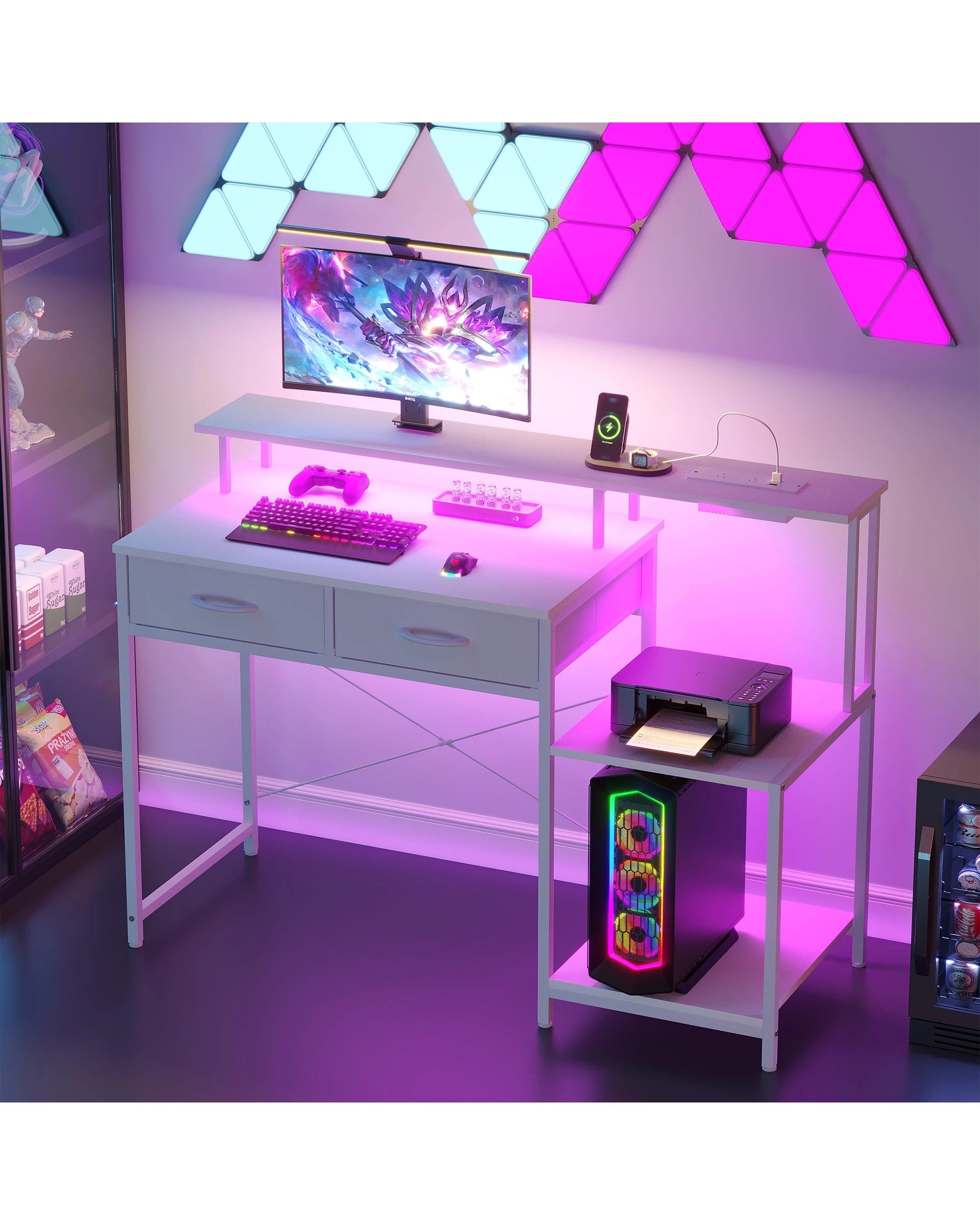 4 Advwin 120cm Gaming Desk With Led Lights Power Outlets Reversible Printer Storage Shelf Computer Desk White, 4 of 10