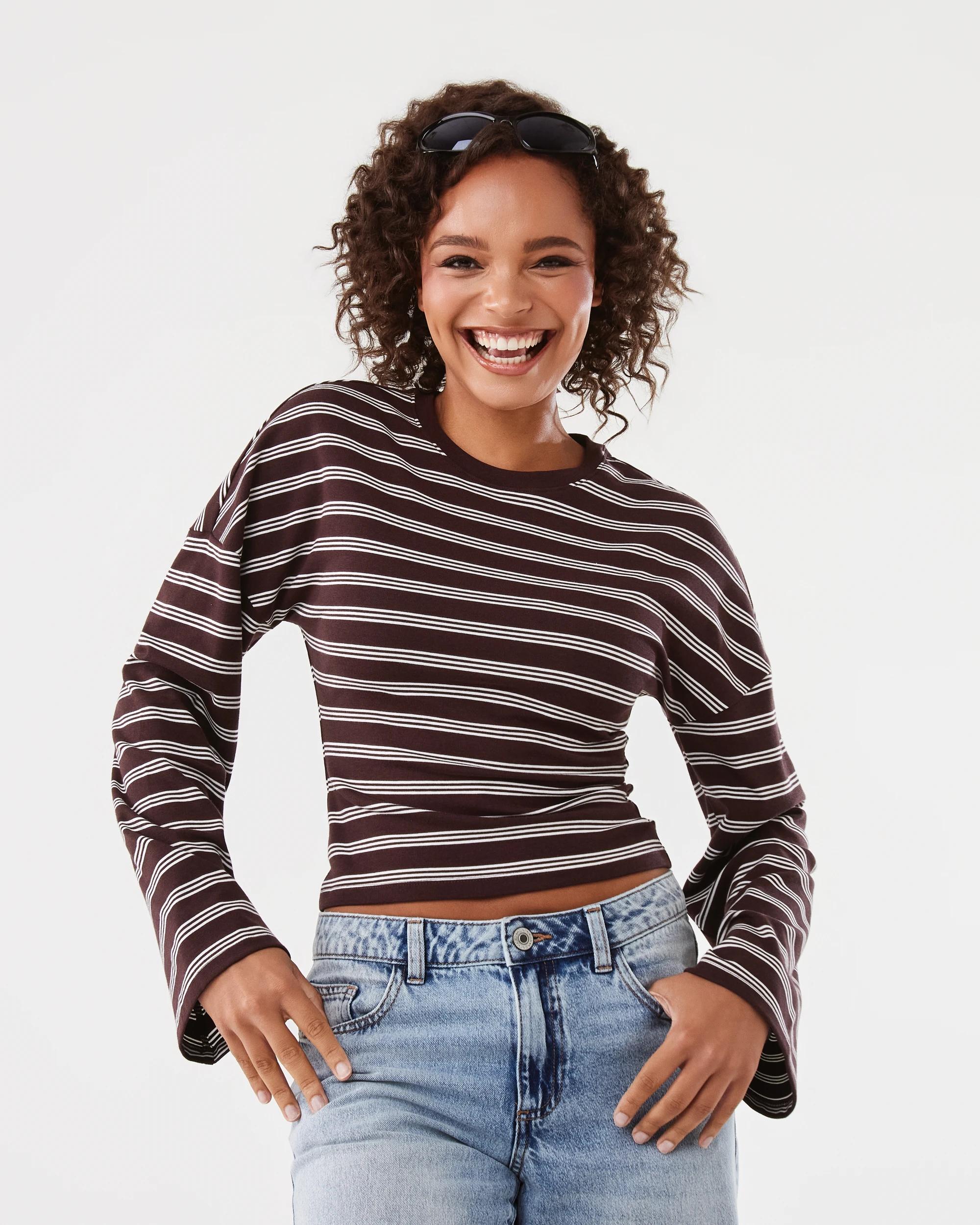 1 Long Sleeve Fitted Top Brn Stripe, 1 of 7