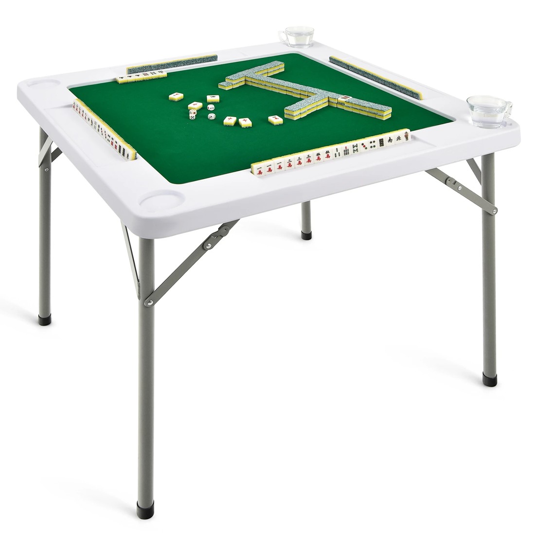1 Costway Folding Mahjong Table Portable Card Table w/4 Cup Holders & 4 Chip Grooves, 1 of 3
