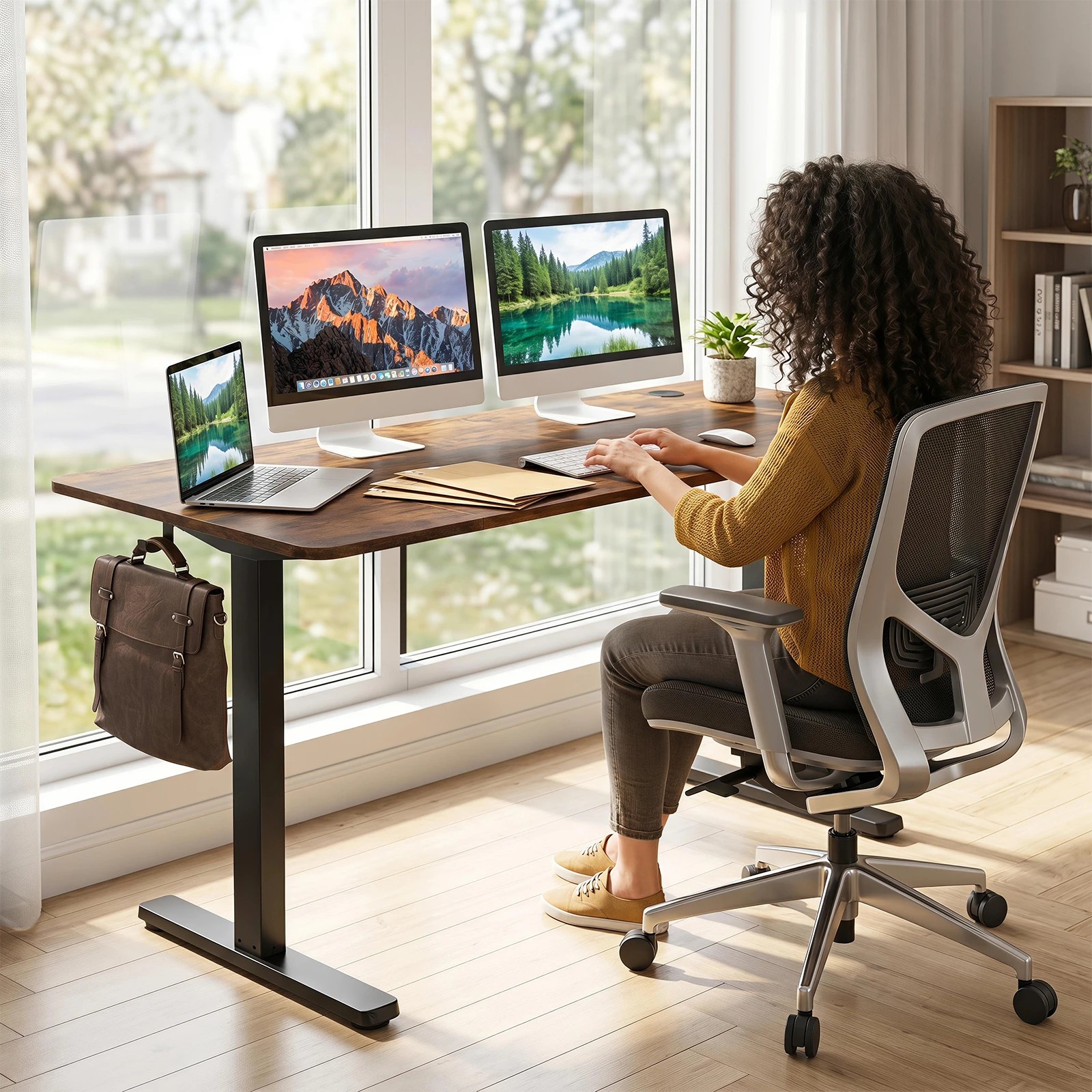 4 Costway 140 x 60cm Electric Standing Desk Adjustable Sit Stand Computer Desk - Brown, 4 of 6