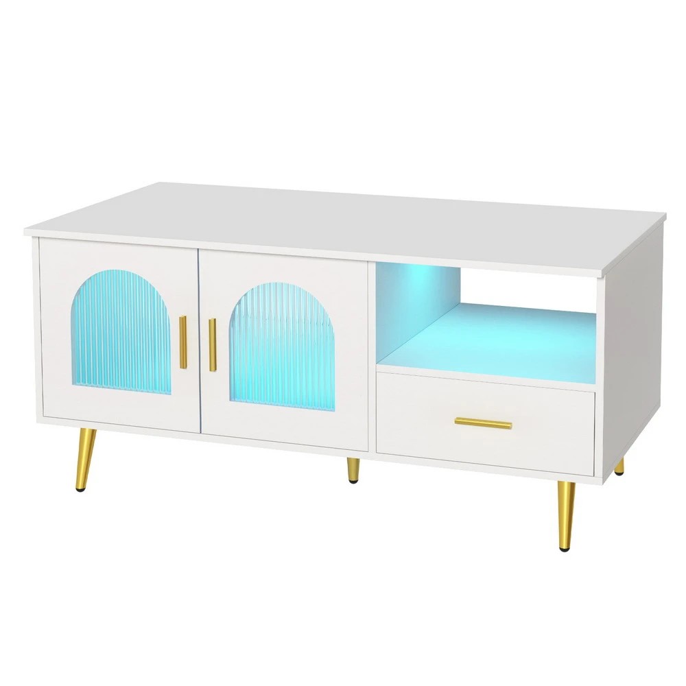 1 Artiss LED Coffee Table Shelf Drawer Storage - White, 1 of 6