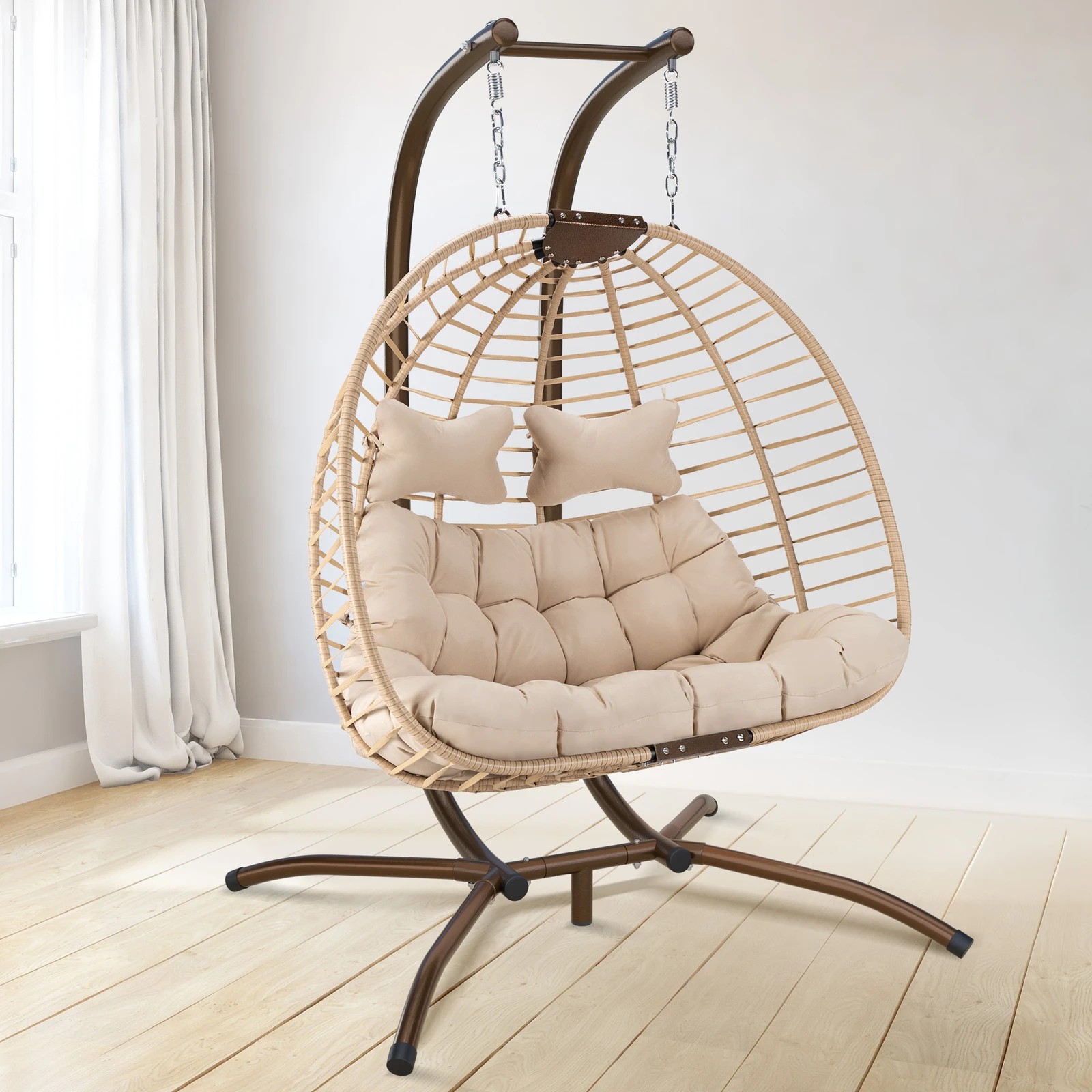 4 Alfordson Outdoor Egg Swing Chair 2 Seater Wicker Rattan Pod Hanging - Beige, 4 of 10