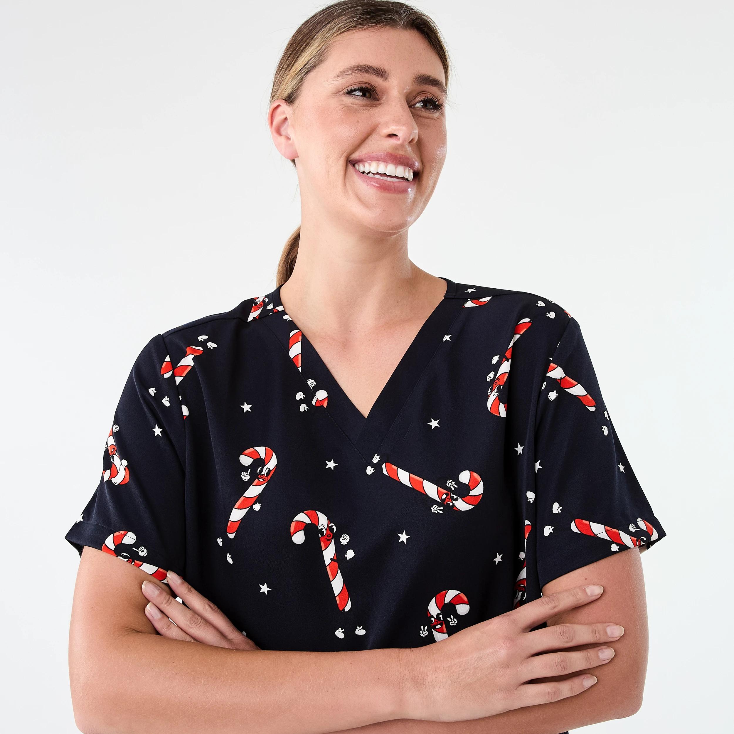 4 Workwear Short Sleeve Christmas Scrub Top DANCING CANDY CANES, 4 of 8
