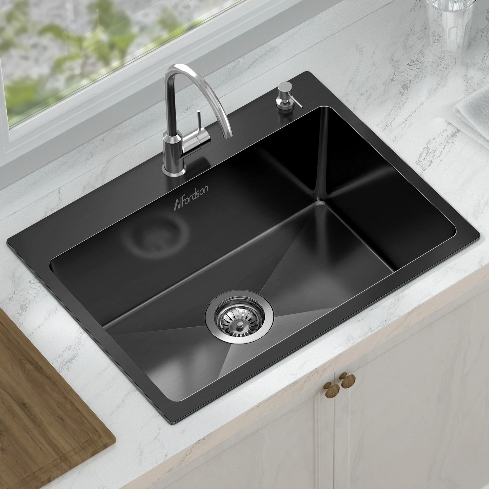 3 Alfordson Kitchen Sink 60x45cm Stainless Steel Basin Single Bowl - Black, 3 of 8