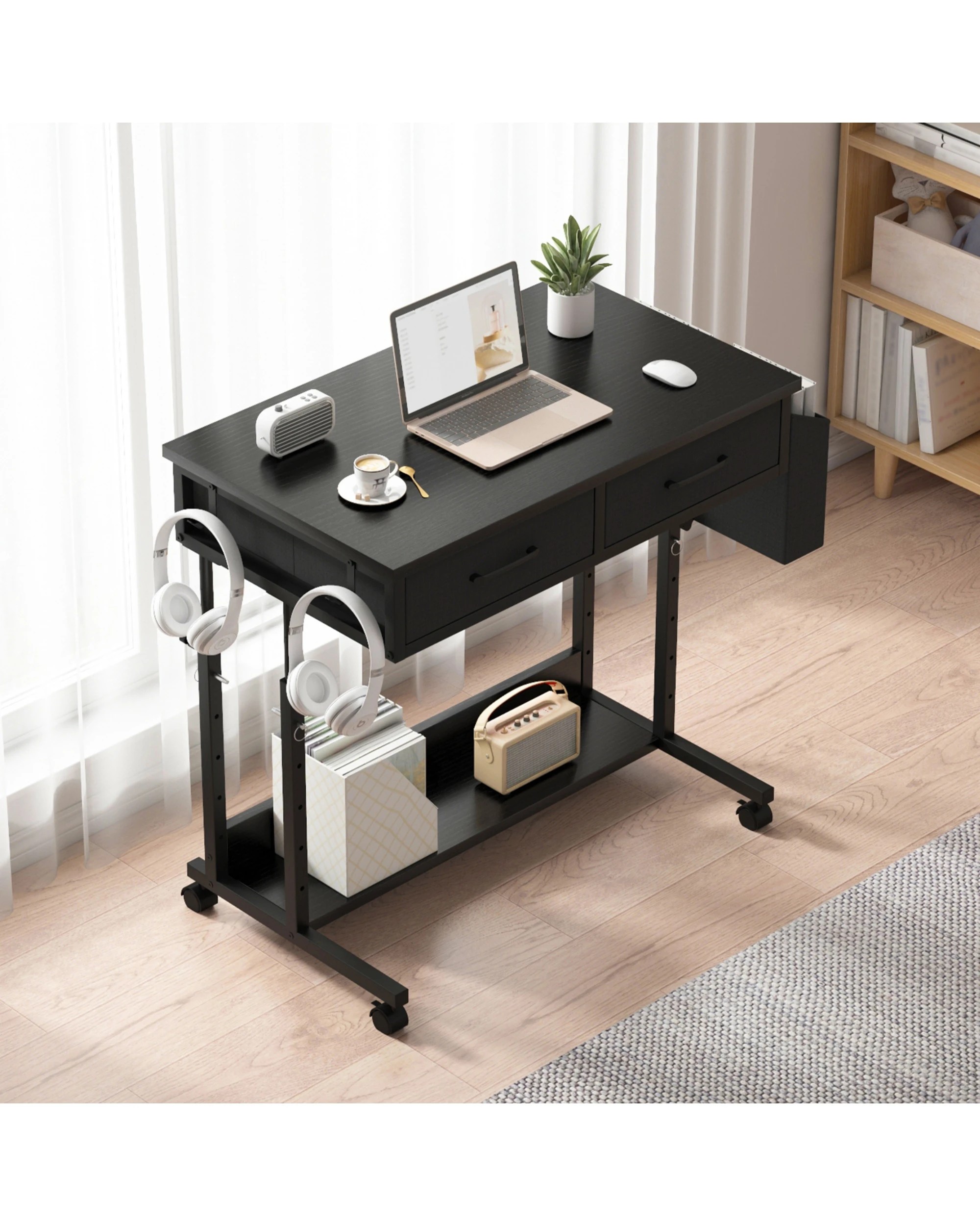 3 Advwin Small Portable Rolling Standing Desk Adjustable Height with 2 Fabric Drawers - Black, 3 of 9
