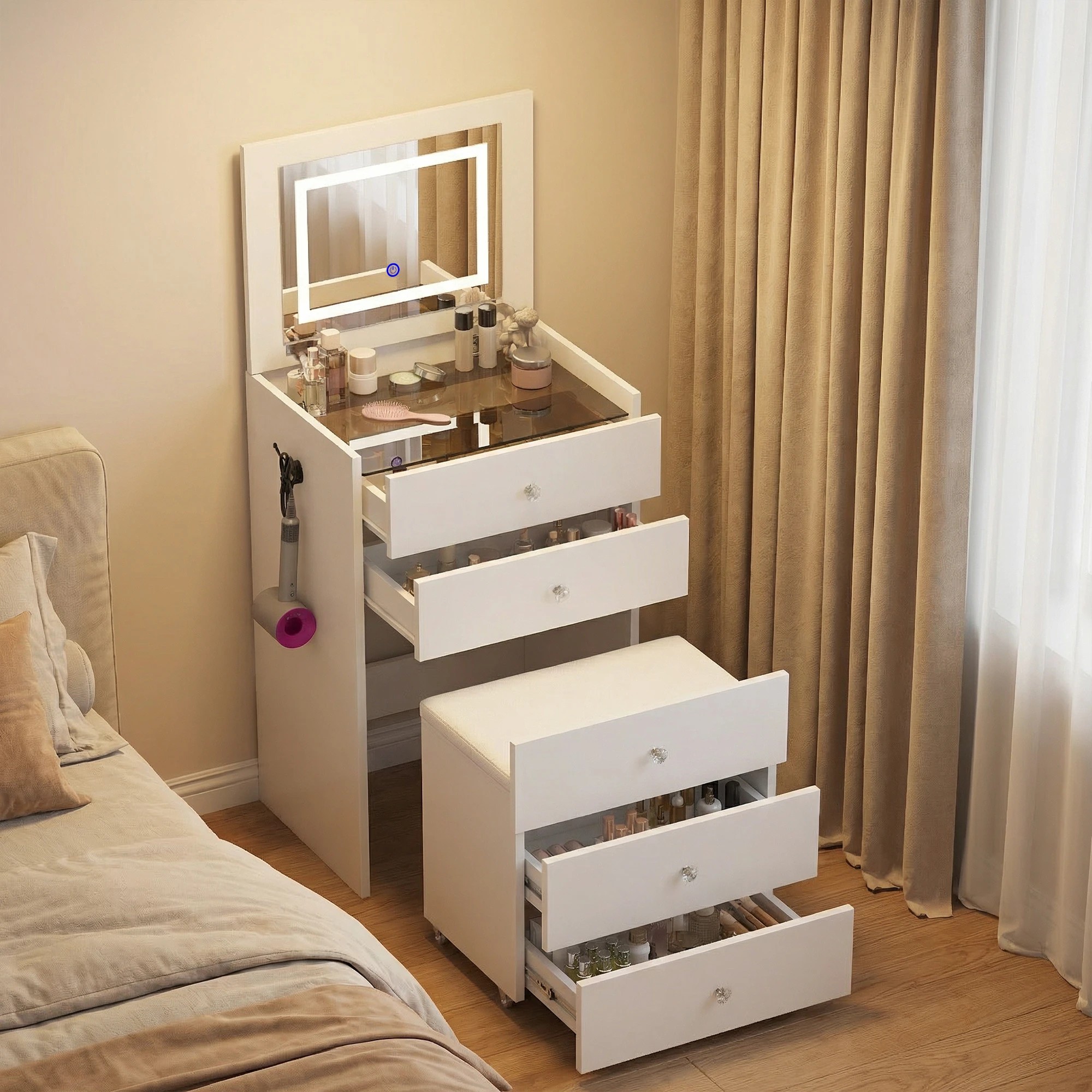 9 Advwin Makeup Vanity Desk w/ Flip Top LED Mirror Glass Desktop 4 Drawers - White, 9 of 10