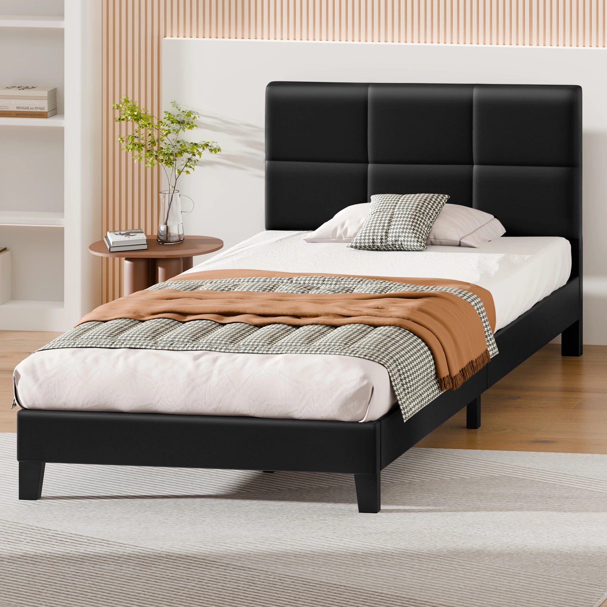 8 Alfordson Bed Frame King Single Tufted Headboard Leather - Black, 8 of 9