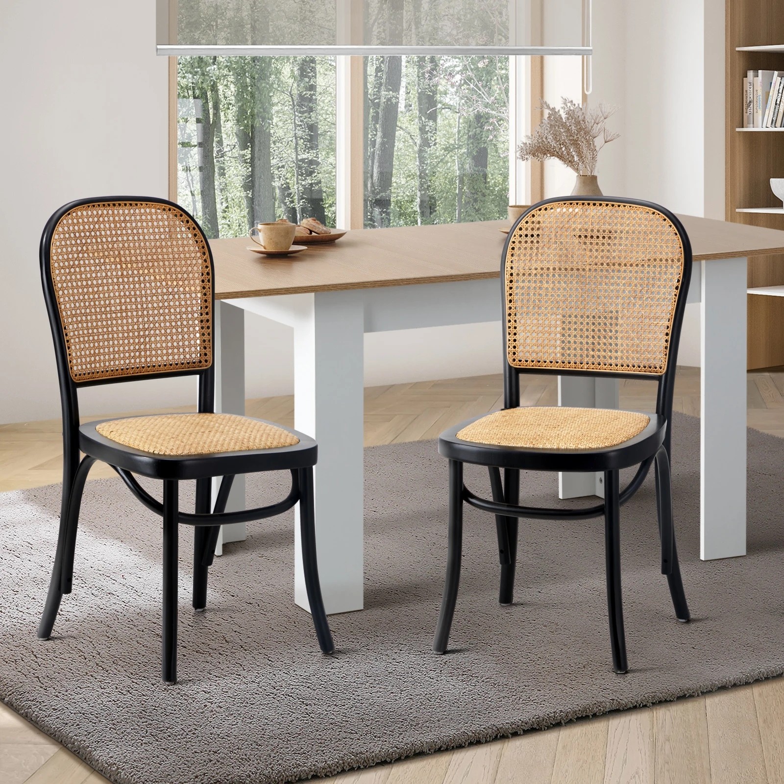 2 Oikiture 2pcs Dining Chairs Wooden Chairs Rattan Accent Chair
 - Black, 2 of 10