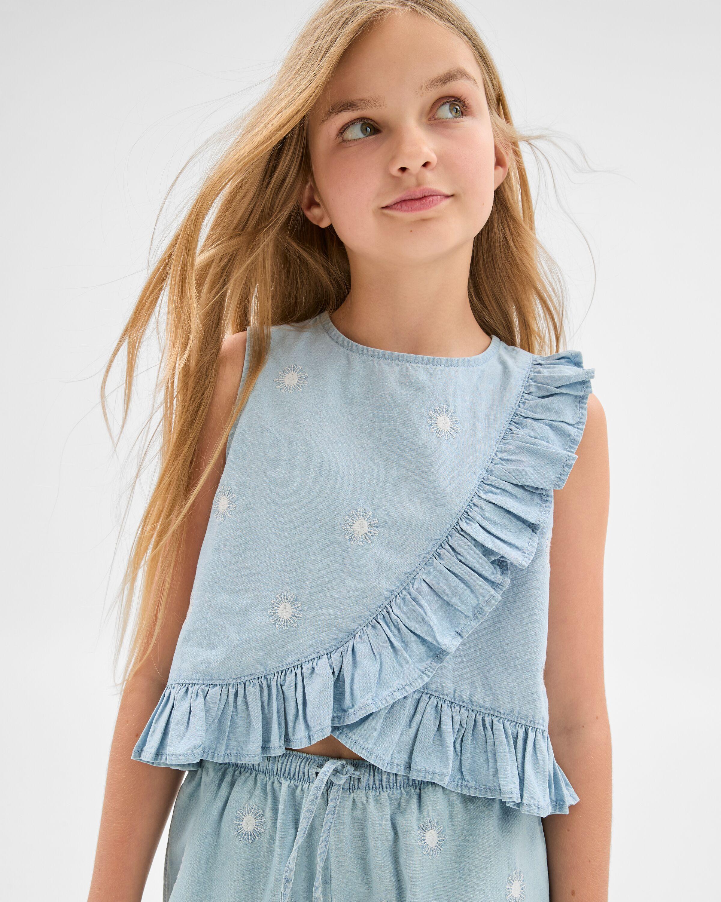 1 Target Woven Cross Front Frill Top MID WASH, 1 of 8