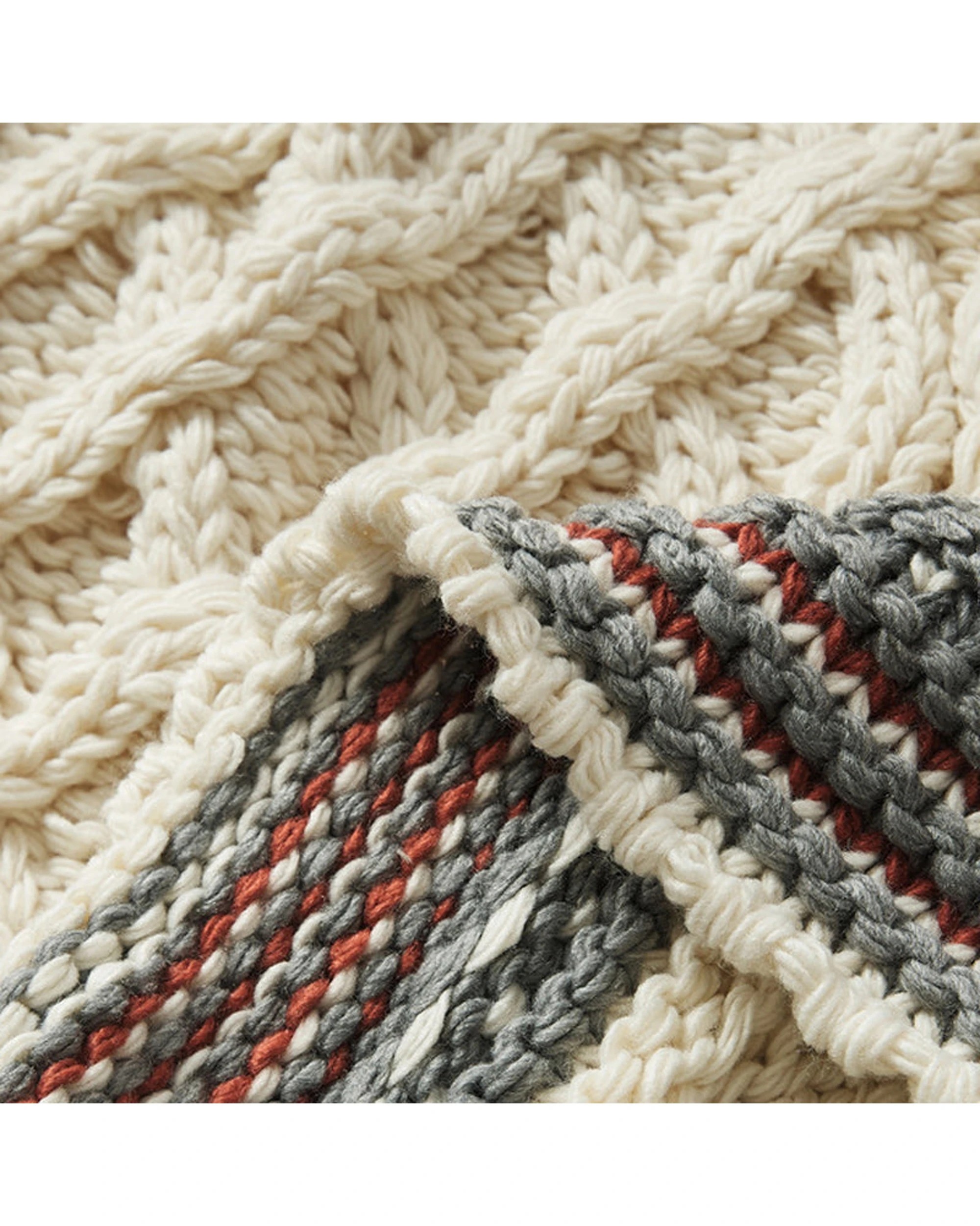6 Cotton More Cable Knit Blanket Striped Border 130x160cm - Beige, 6 of 6